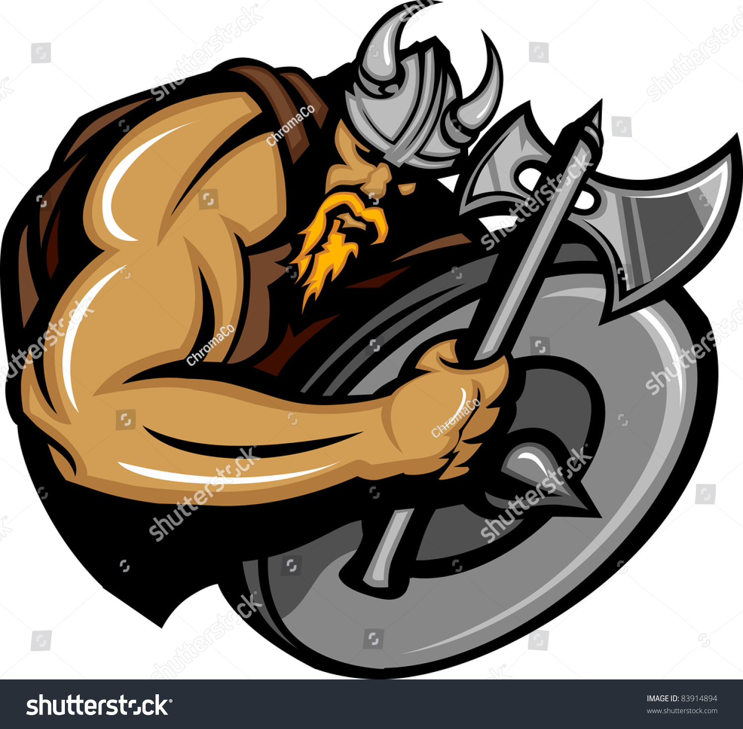 Viking Norseman Mascot Cartoon with Ax and Shield #83914894