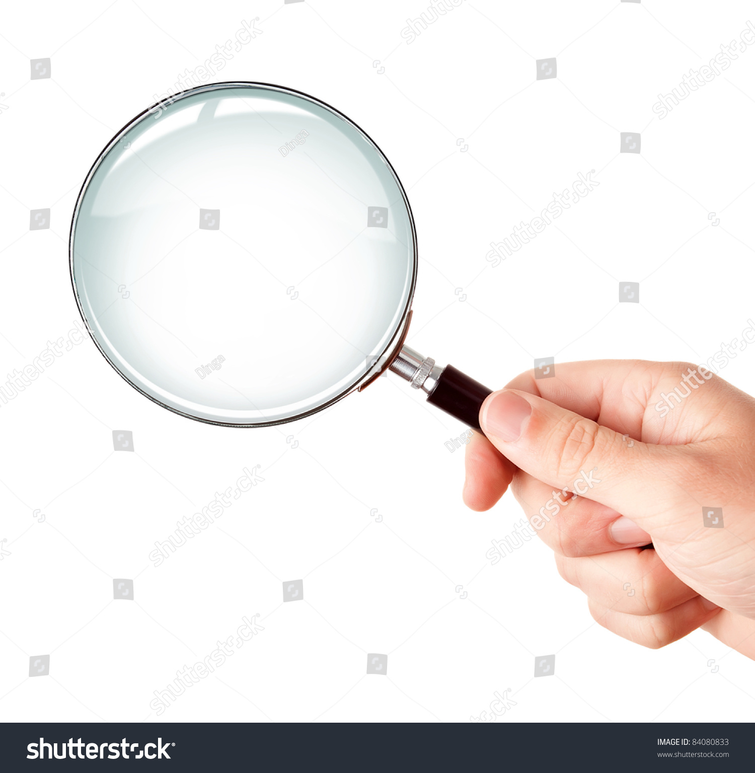 Man's hand, holding classic styled magnifying glass, closeup isolated on white background, copy space for your image or text #84080833