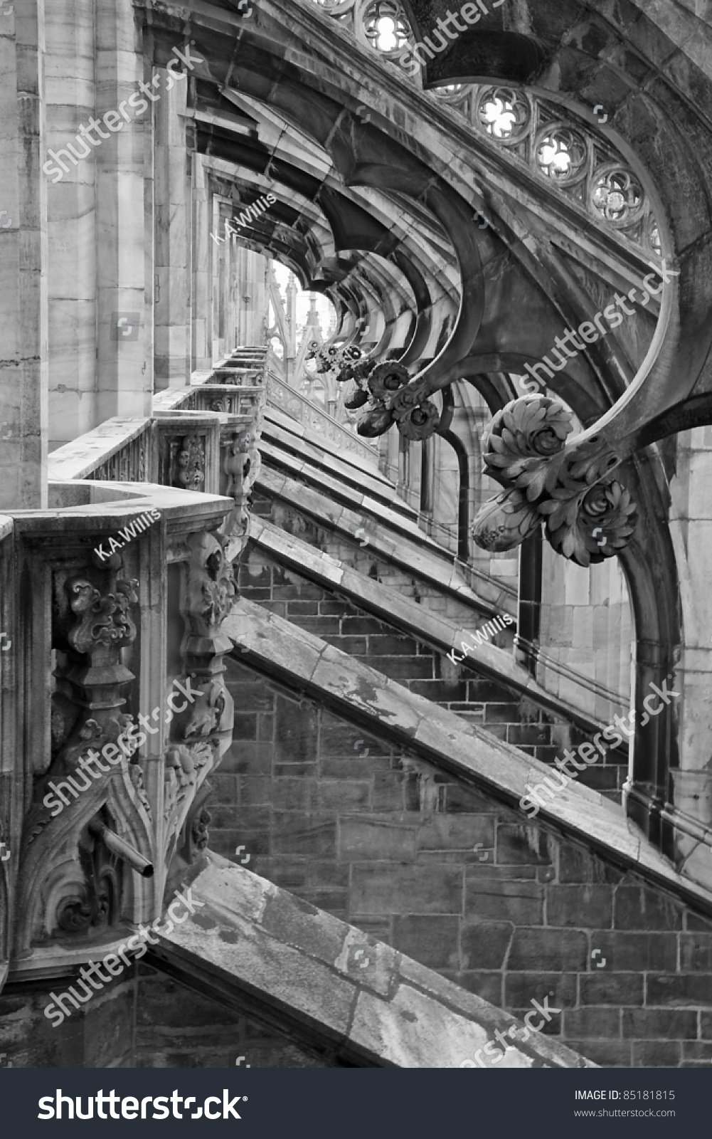 Detail of the gothic duomo in Milan, Italy - in black and white. #85181815