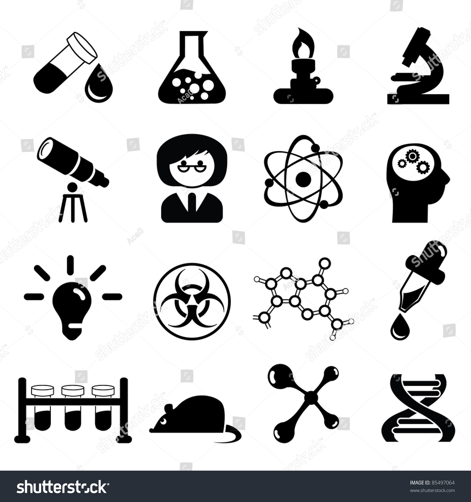 Set of science icons- Silhouettes - Royalty Free Stock Vector 85497064 ...