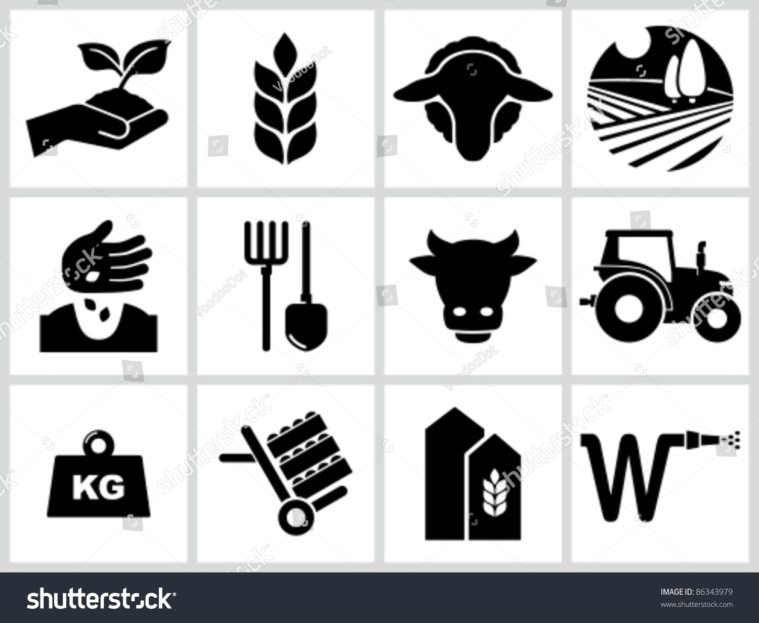 Agriculture and farming icons. All white areas are cut away from icons and black areas merged. #86343979