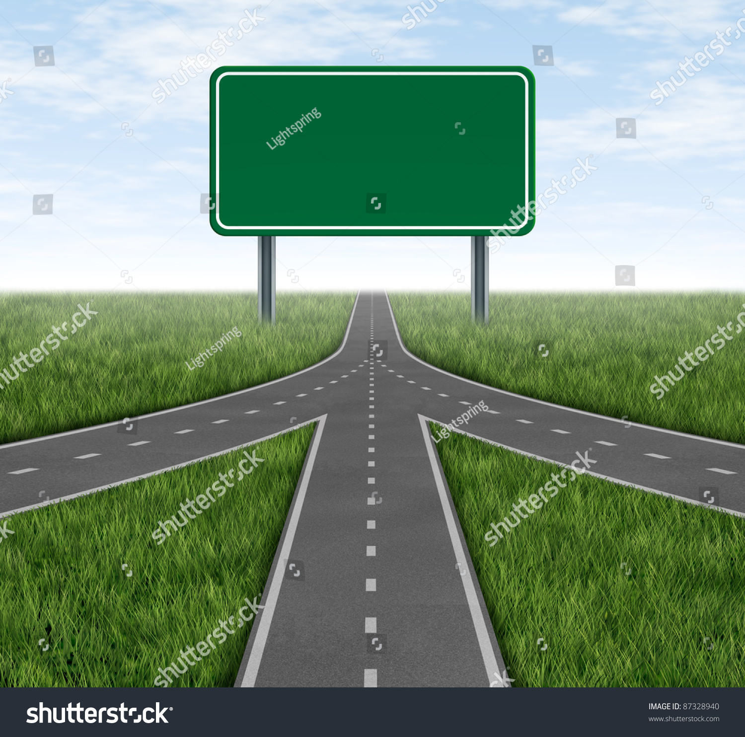 Teamwork and partnerships connecting on the same path as a team sharing the same strategy and vision for the success of a company by working together merging as one with a blank green highway sign. #87328940