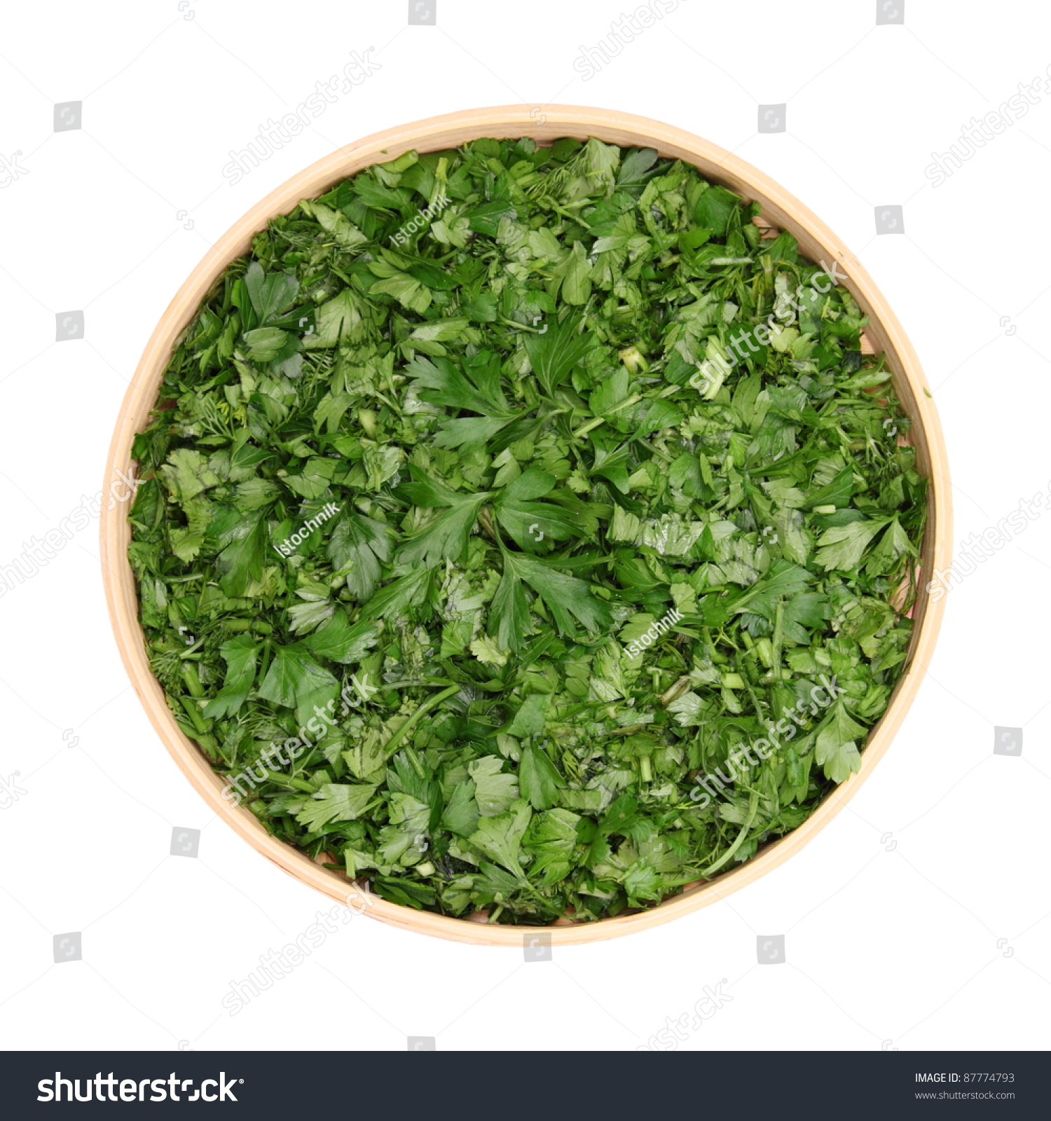 chopped leaves of fresh herbs, parsley, dill, cilantro, basil, in dereyannoy bowl isolated white background #87774793