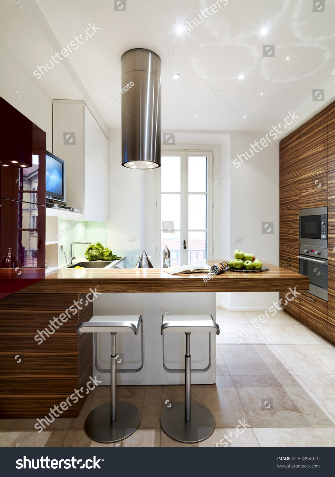 interior view of a modern and luxury wood kitchen with two stool #87854920