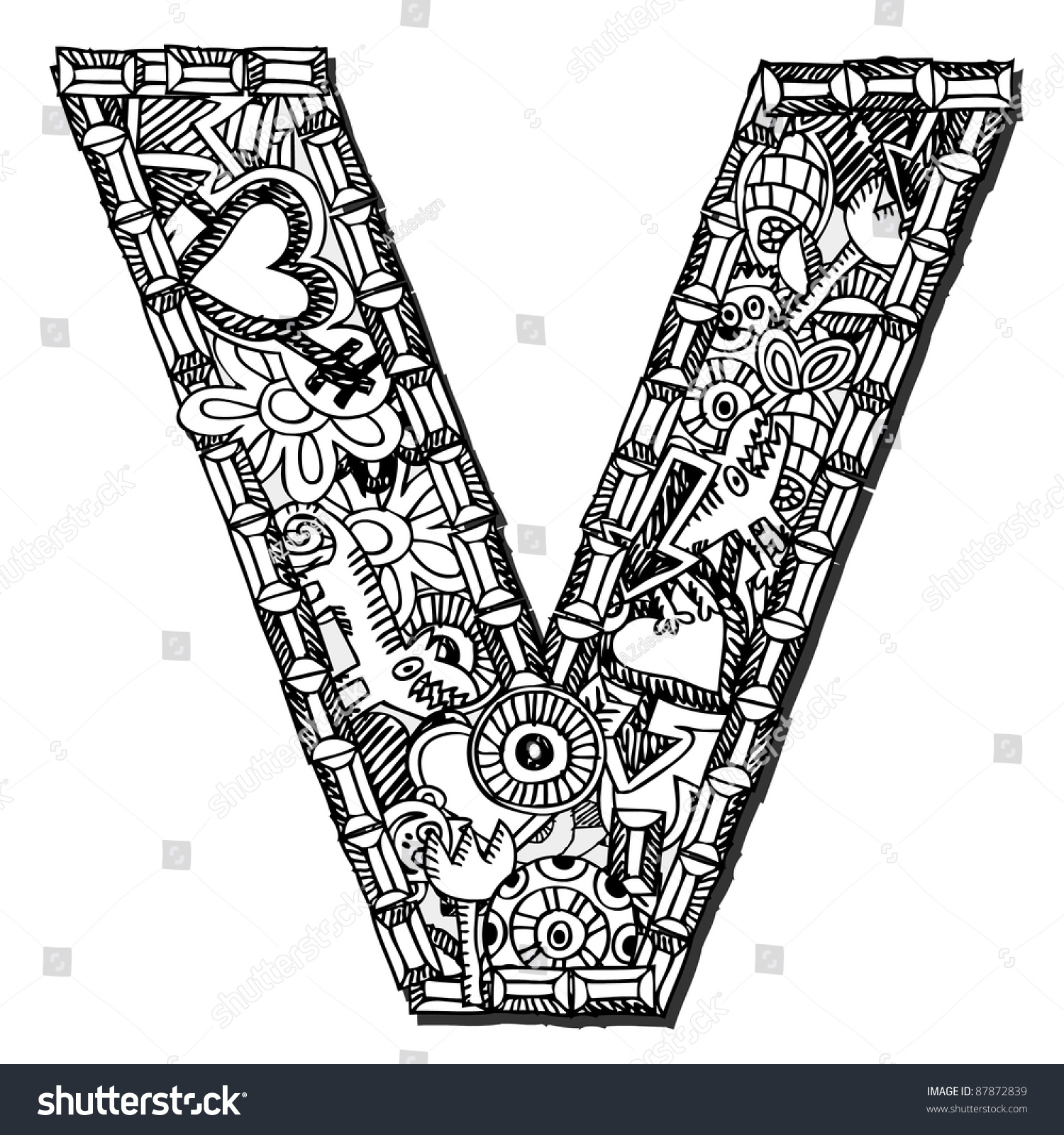 87872839 Shutterstock Childlike Doodle Abc Crazy Letter V