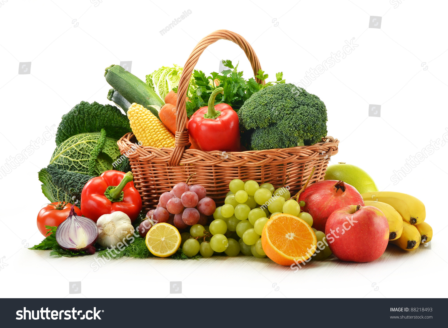 Composition with vegetables and fruits in wicker basket isolated on white #88218493