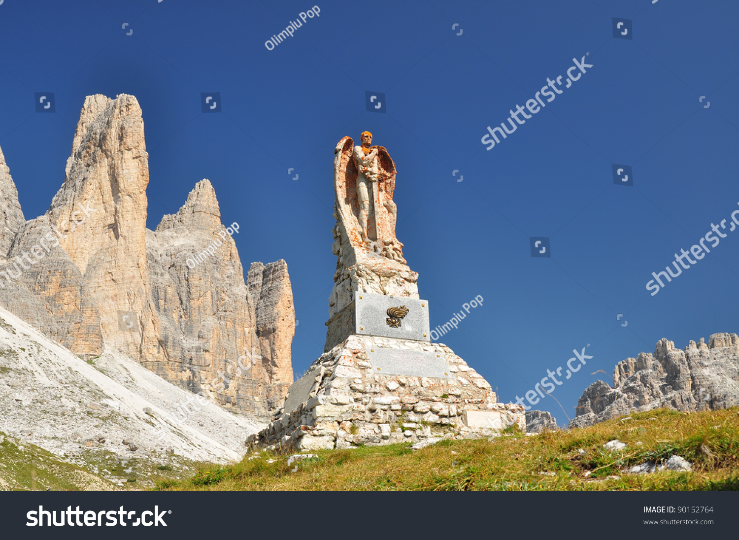 Memorial monument and Tre Cime di Lavaredo, Italy #90152764