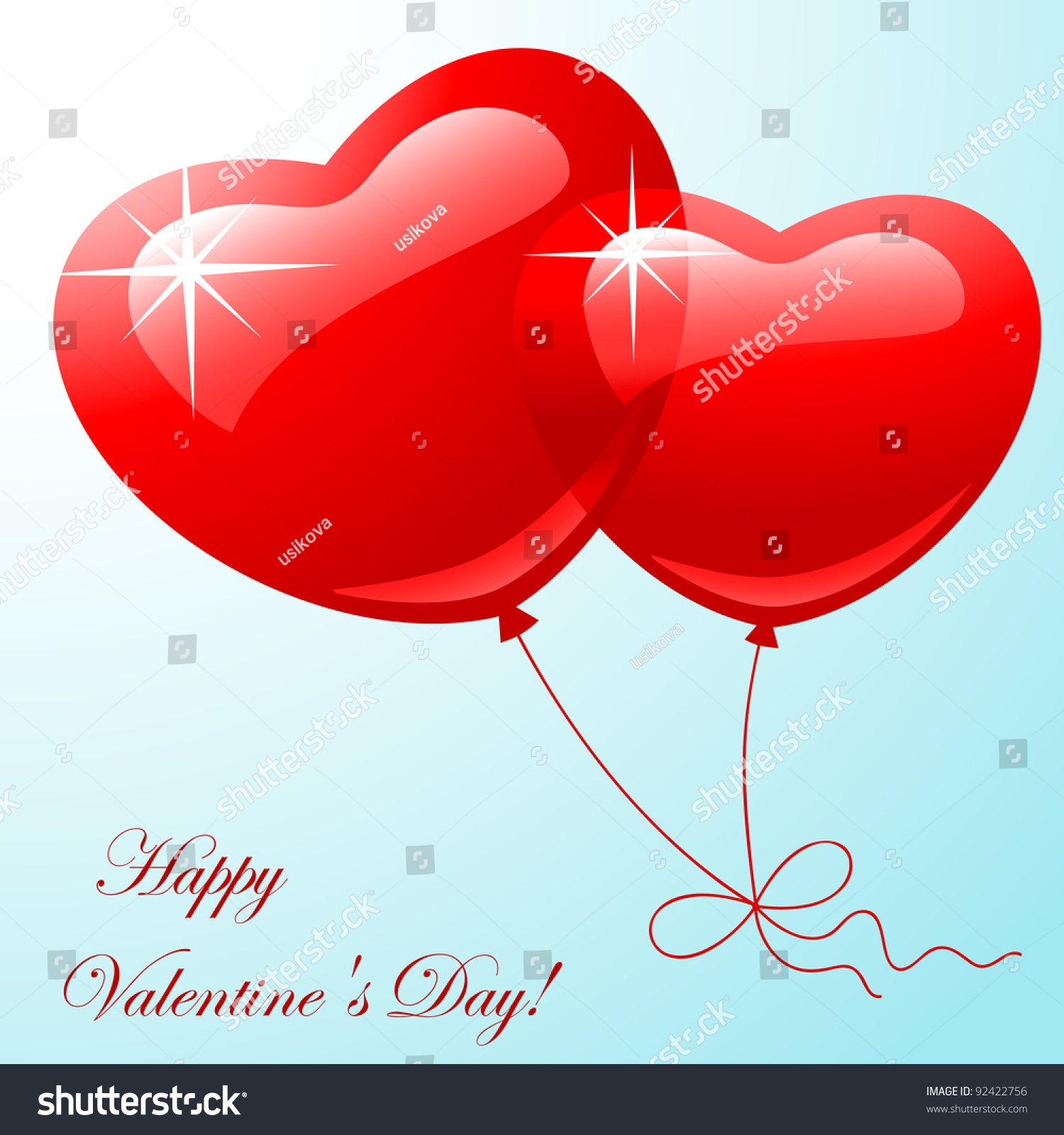 Valentine greeting card - happy valentine day. Red two balloon in shape hearts on a blue background.  Vector illustration #92422756