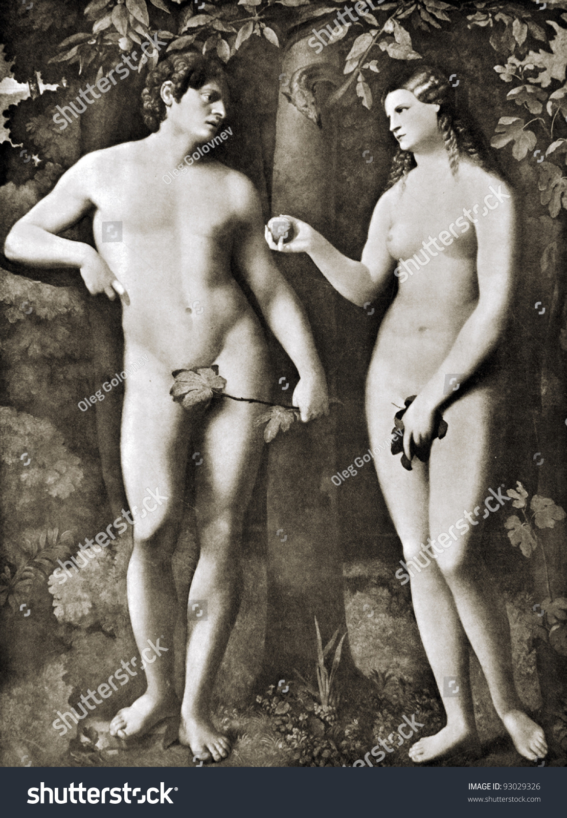 Jacopo d'Antonio Negretti (1480 - 1528) "Adam and Eva". Reproduction from illustrated Encyclopedia "Treasures of art", Partnership «Prosvesheniye», St. Petersburg , Russia , 1906 #93029326