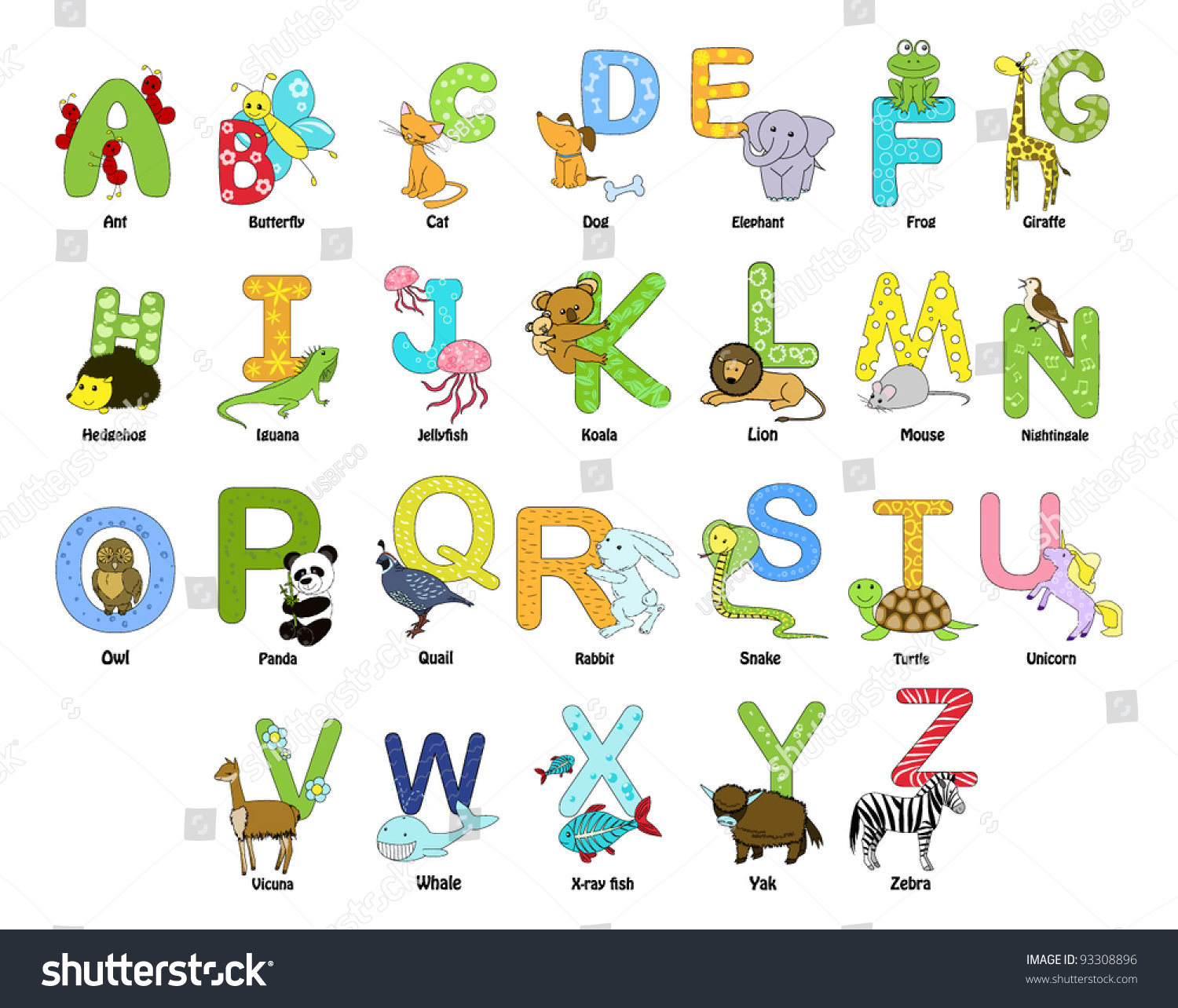 Animal Themed Alphabet From A To Z - Royalty Free Stock Vector 93308896 ...