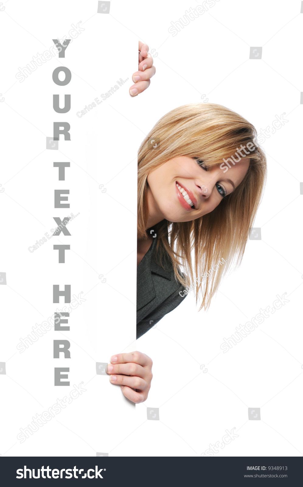 Businesswoman holding blank sign isolated on white #9348913