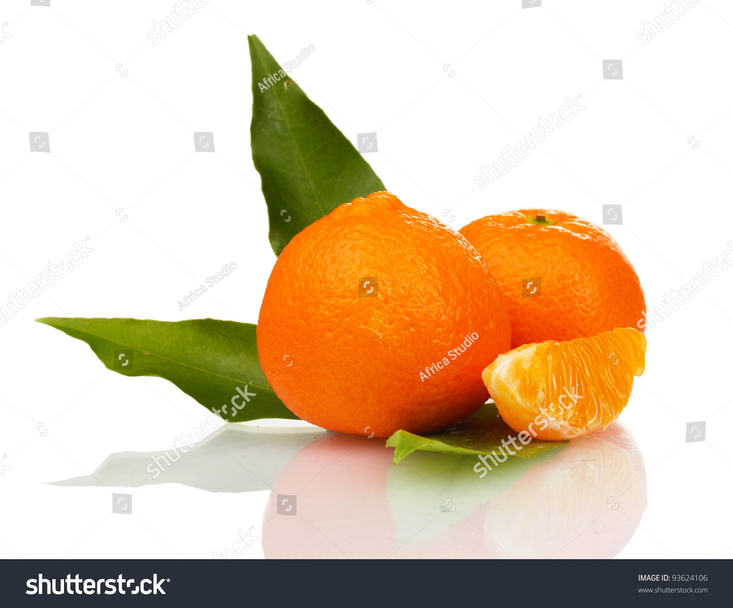 Ripe tasty tangerines with leaves and segments isolated on white #93624106