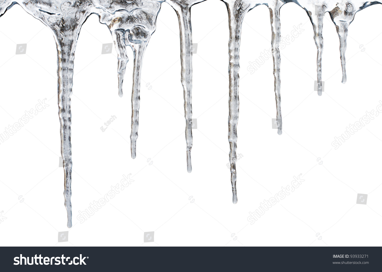 icicles which are hanging down from a roof. Isolated on white with clipping path #93933271