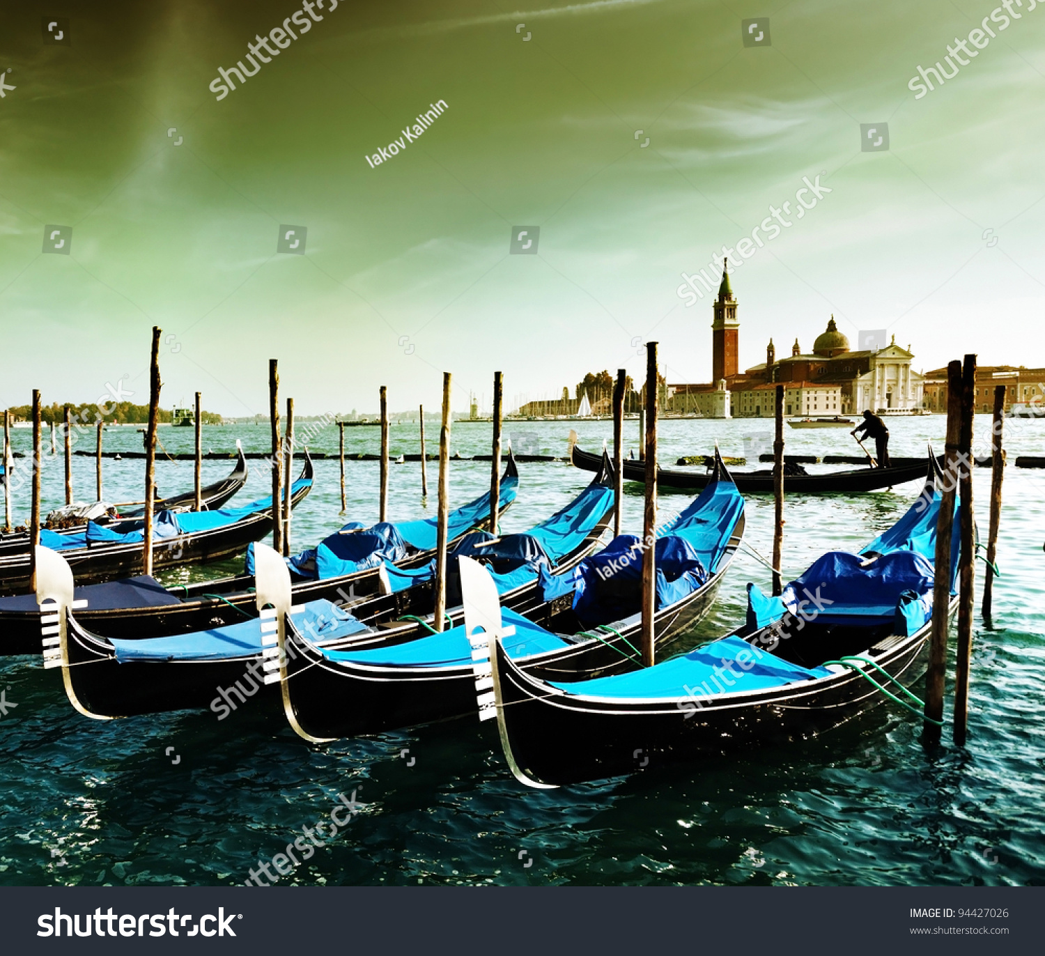 Gondolas on Grand Canal and San Giorgio Maggiore church in Venice #94427026