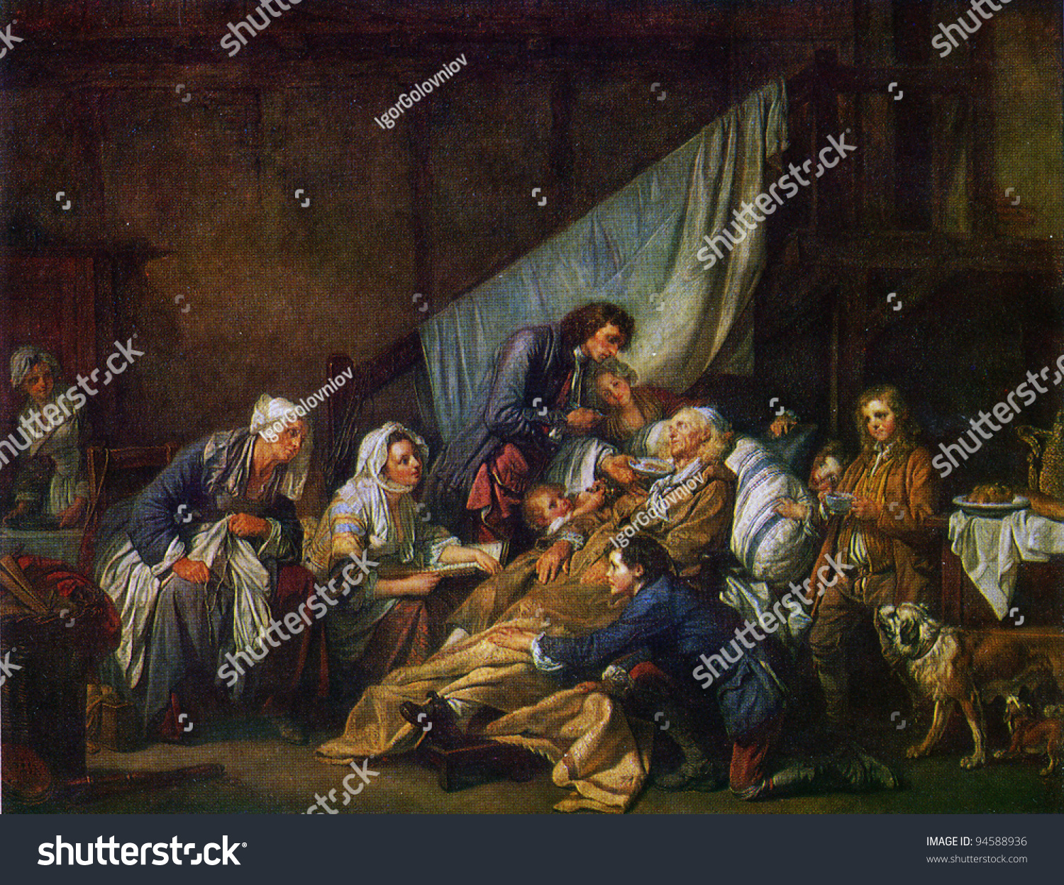USSR  - CIRCA 1981: Postcard shows draw by Jean-Baptiste Greuze - Paralytic Tended by His Children, The Hermitage, St Peterburg circa 1981 #94588936
