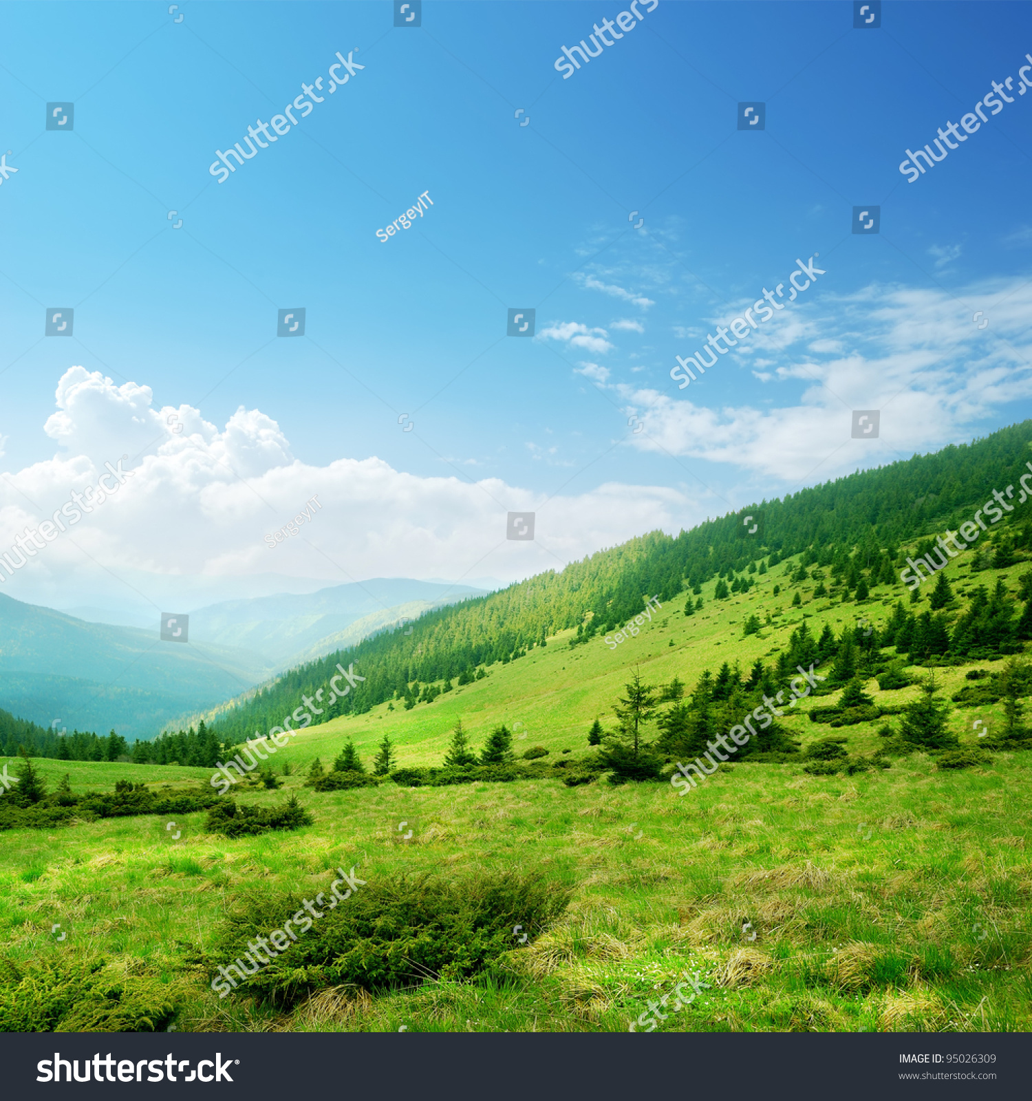 Blue sky and green hills. Summer mountain landscape #95026309