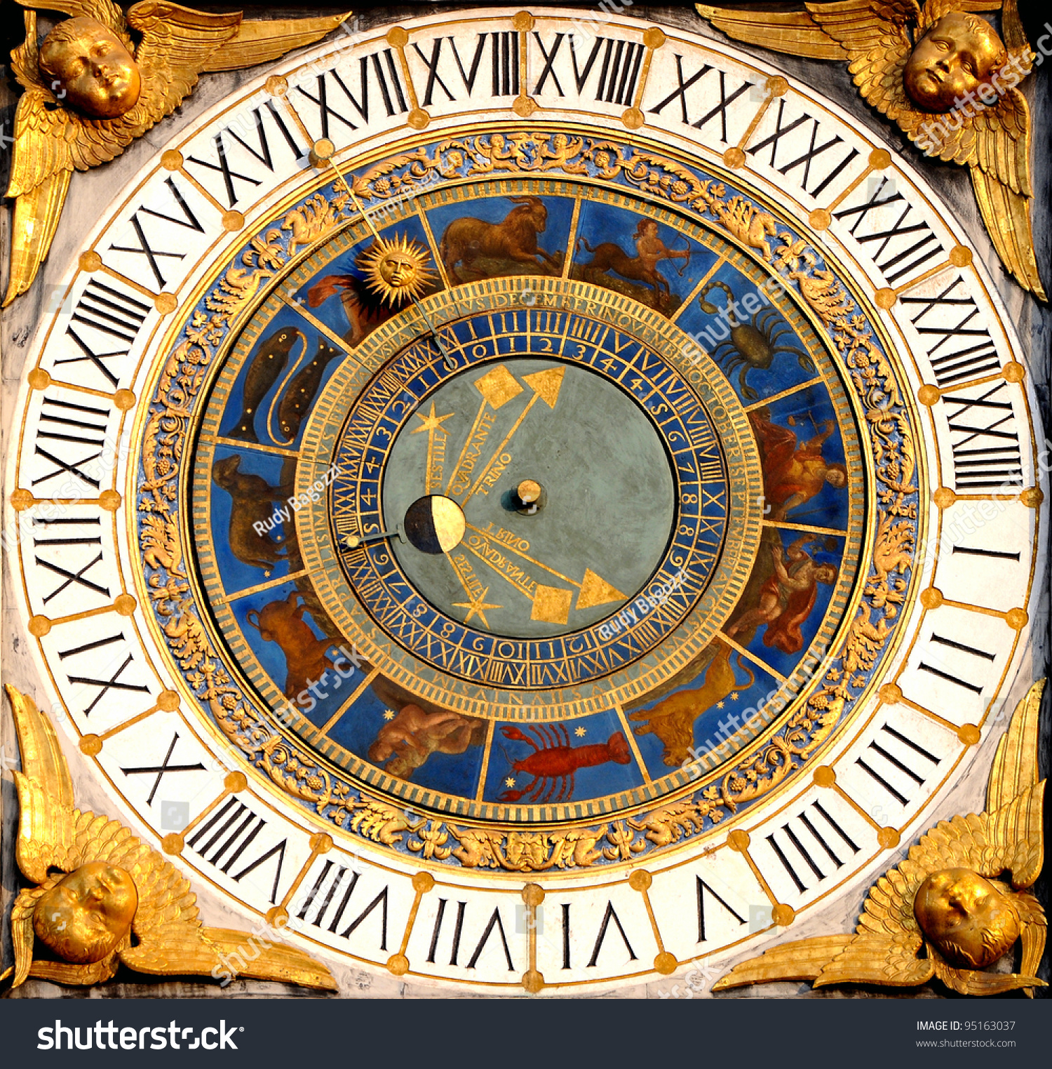 Renaissance Astronomical clock in Brescia, Italy (1540-50). Displays hours, moon phases and the zodiac. #95163037