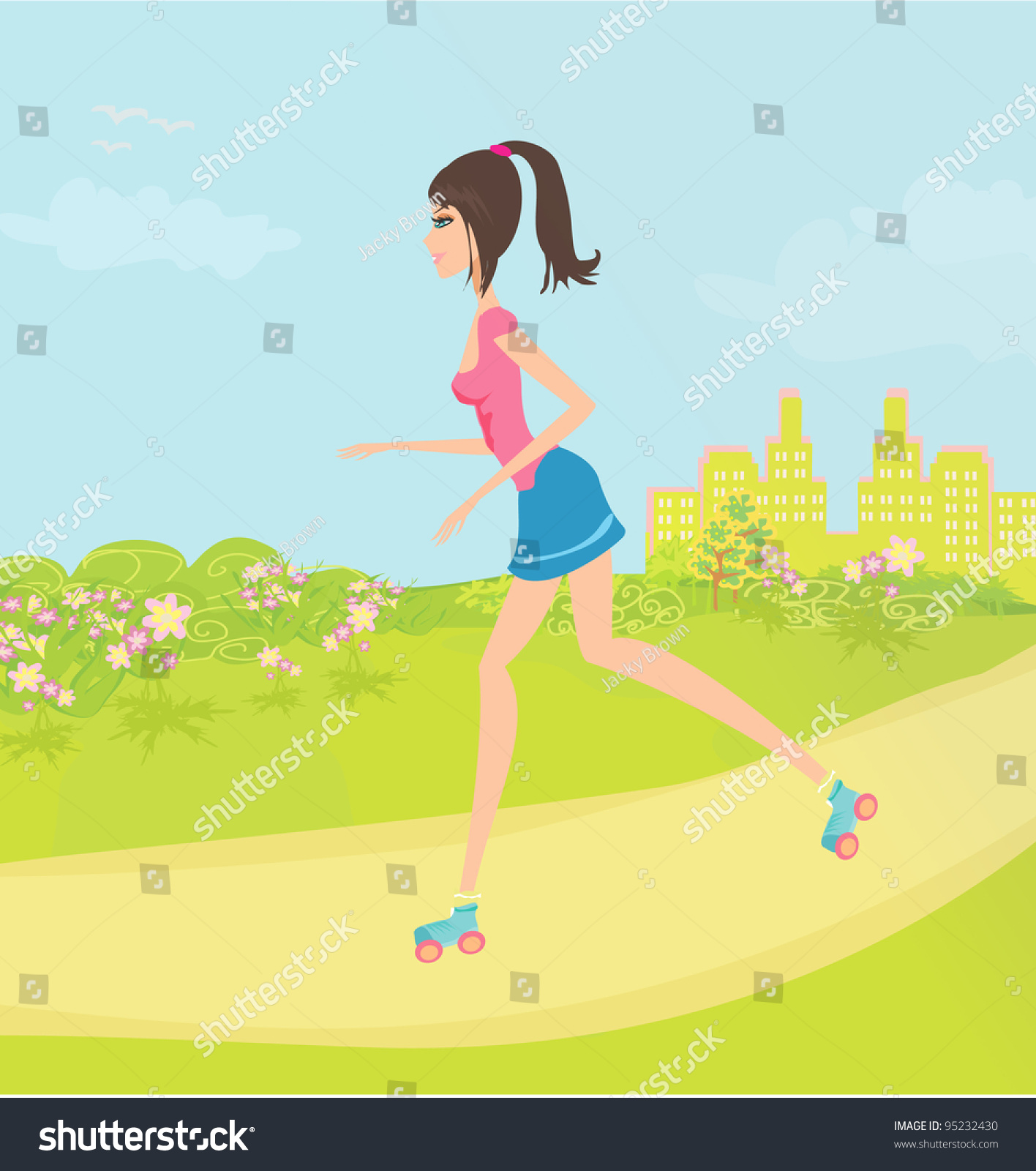 Teen Girl Having Fun On Roller Skates Royalty Free Stock Vector 95232430 