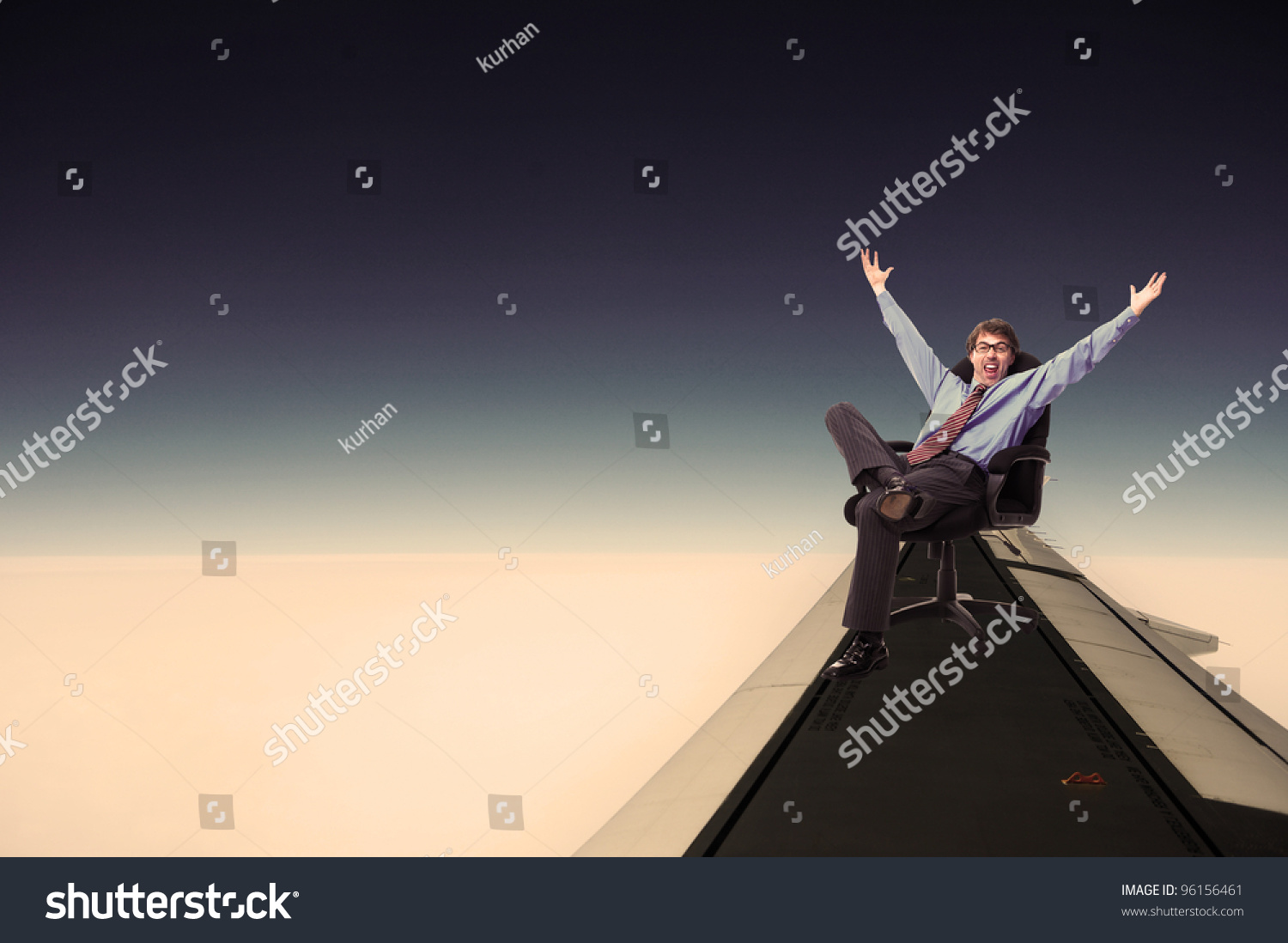 Happy relaxing businessman flying. Over blue sky. #96156461