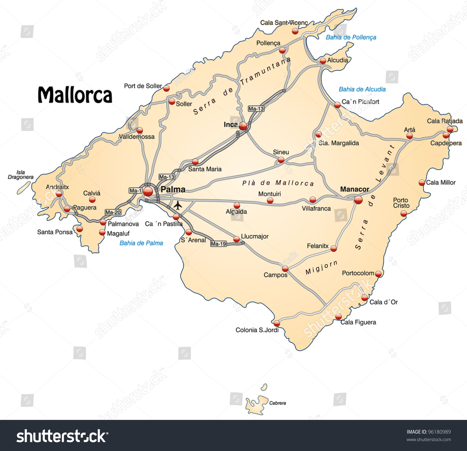 Map of Mallorca - Royalty Free Stock Photo 96180989 - Avopix.com