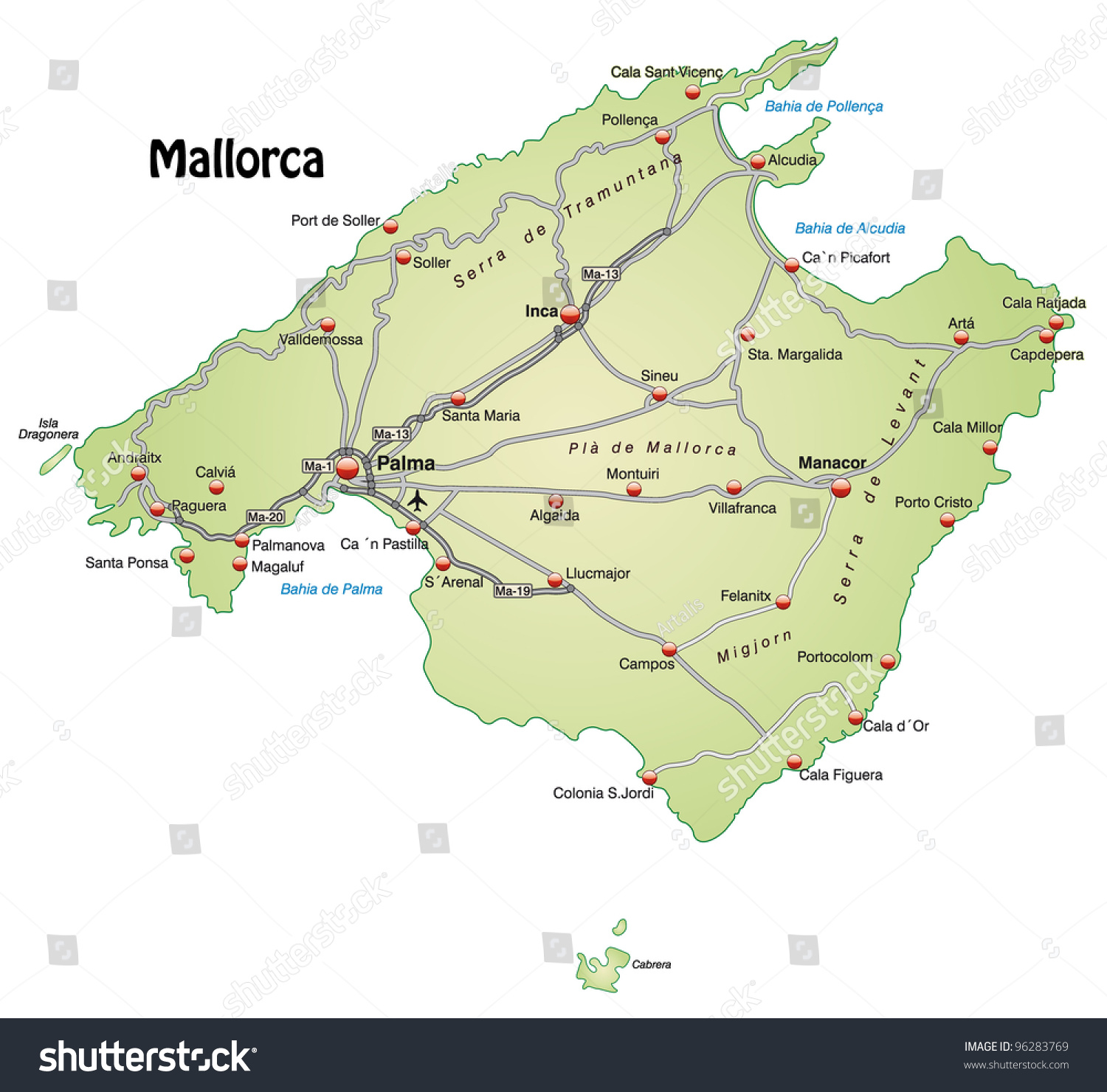 Map of Mallorca with freeways - Royalty Free Stock Photo 96283769 ...