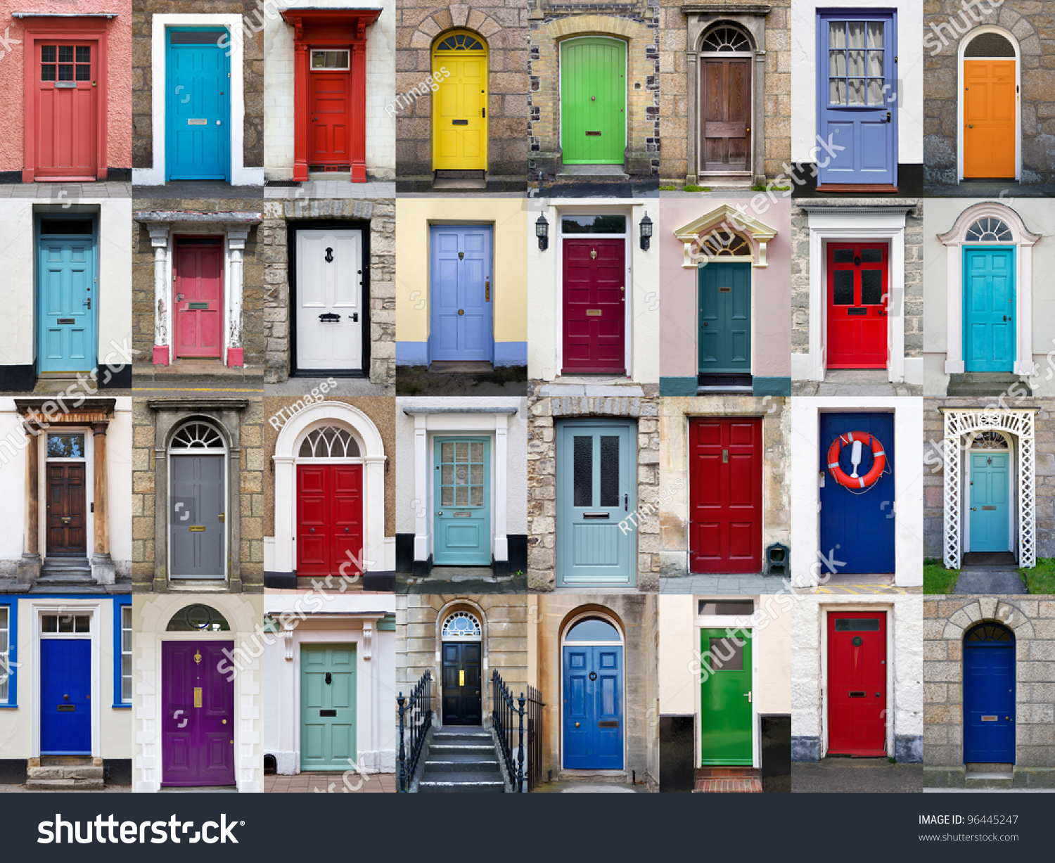 A photo collage of 32 colourful front doors to houses and homes #96445247