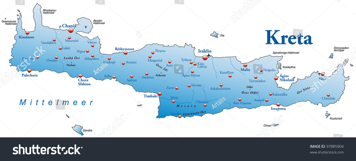 Map of Crete with Capitals in blue - Royalty Free Stock Photo 97885904 ...