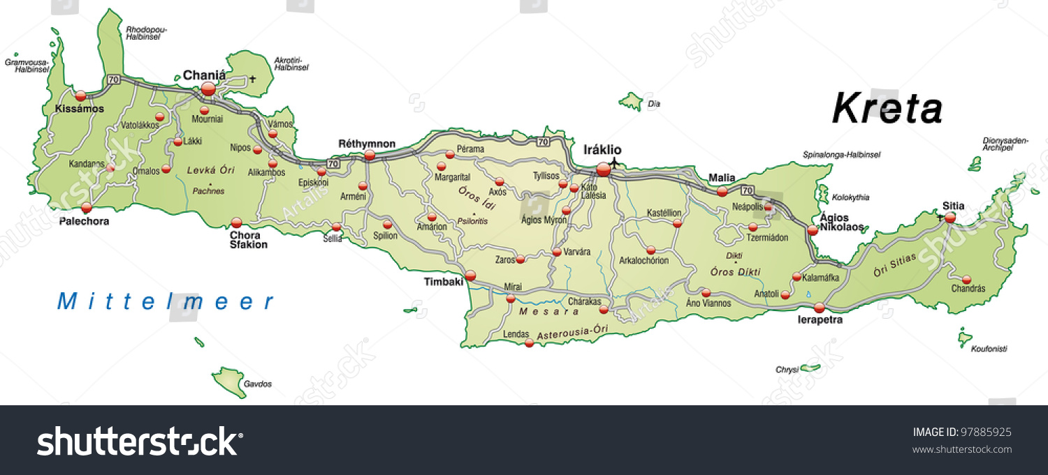 Map of Crete as an overview with highways and - Royalty Free Stock ...