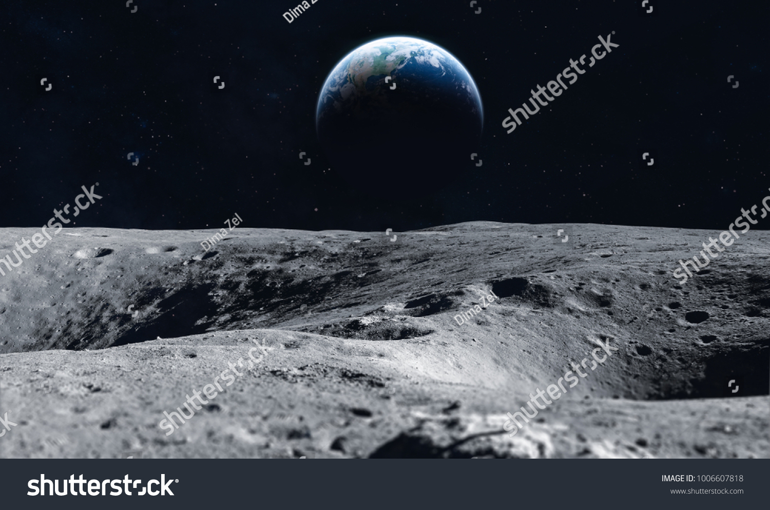 Moon surface and Earth on the horizon. Space art fantasy. Black and white. Elements of this image furnished by NASA #1006607818