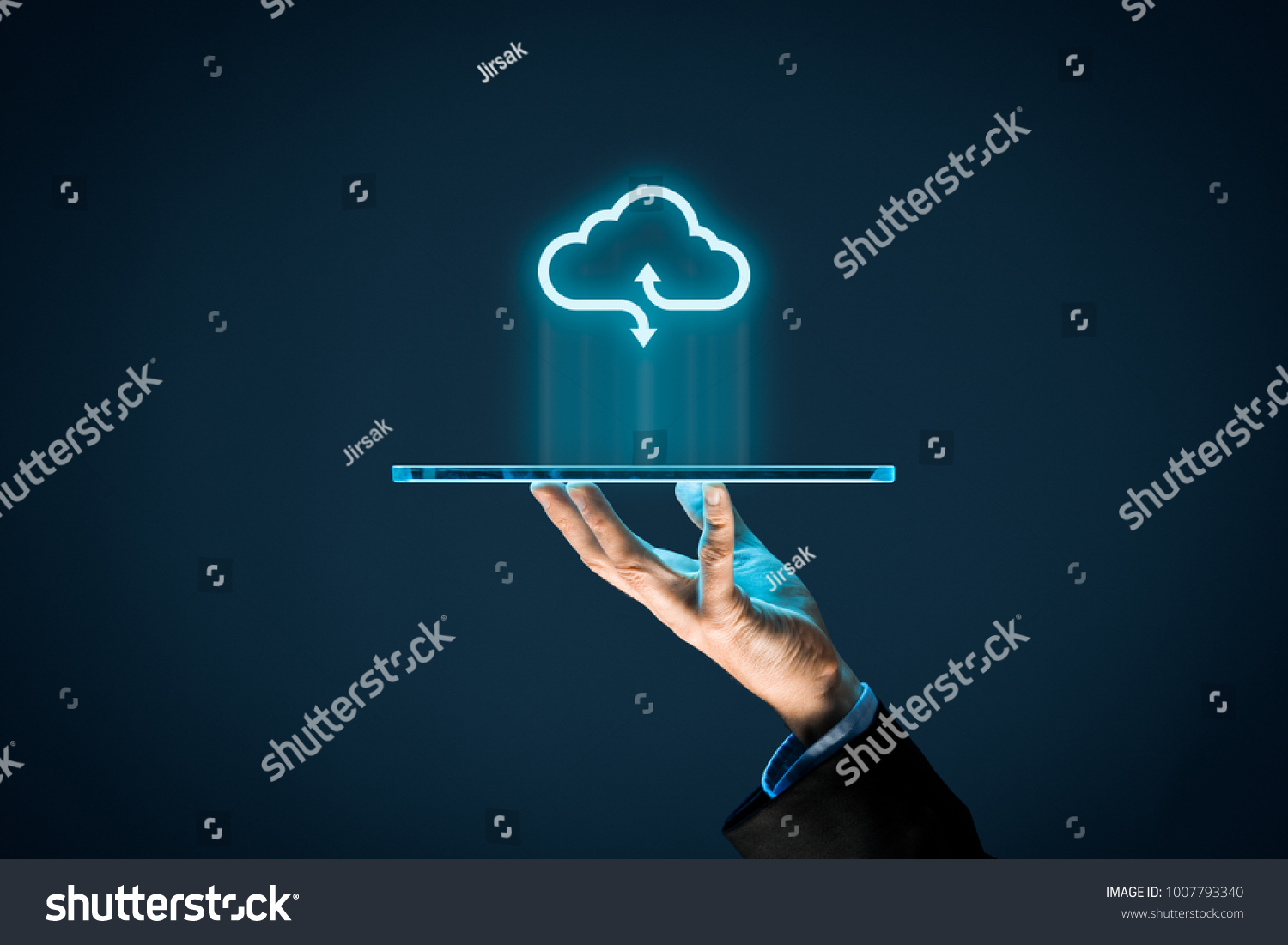 Cloud computing concept - connect devices to cloud. Businessman or information technologist with cloud computing icon and tablet. #1007793340