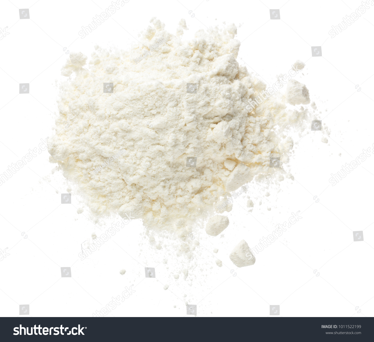 Pile of flour isolated on white background. Top view. Flat lay #1011522199