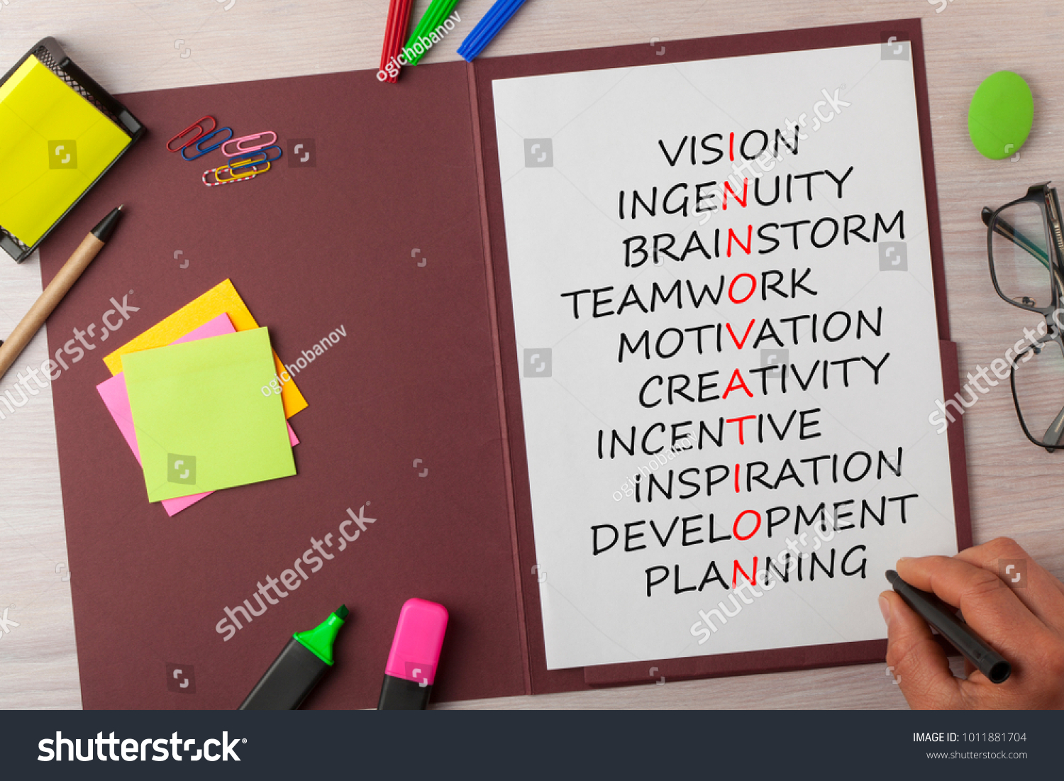 Hand writing INNOVATION,vision, ingenuity, brainstorm, teamwork, motivation, creativity, incentive, inspiration, development, planning on a4 format vertical sheet. #1011881704