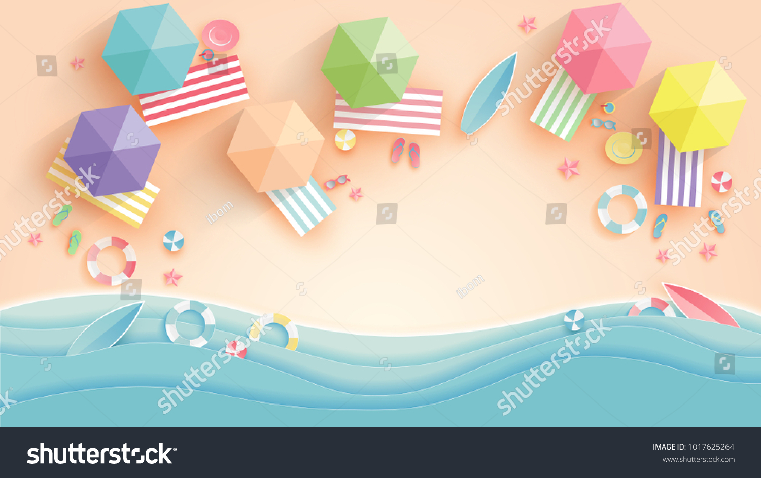Top view beach background with umbrellas,balls,swim ring,sunglasses,surfboard,
hat,sandals,juice,starfish and sea. aerial view of summer beach in paper craft style.paper cut and craft style. vector. #1017625264