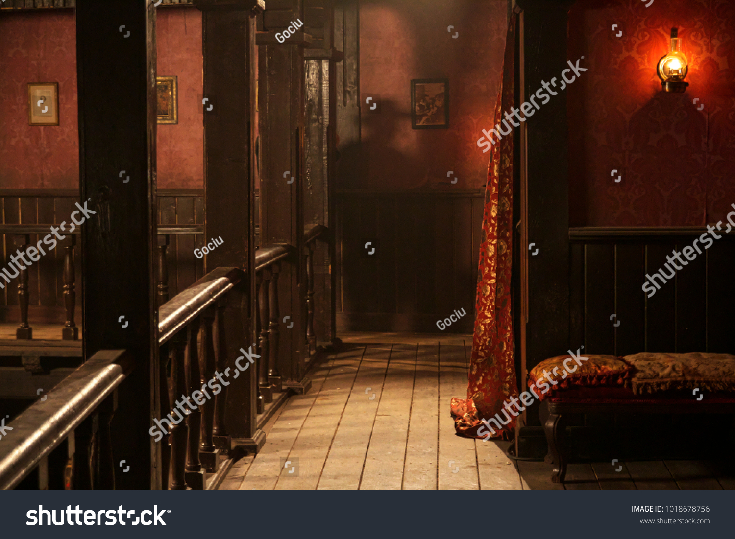 suspense scene of a man hiding behind a pillar in a saloon  #1018678756