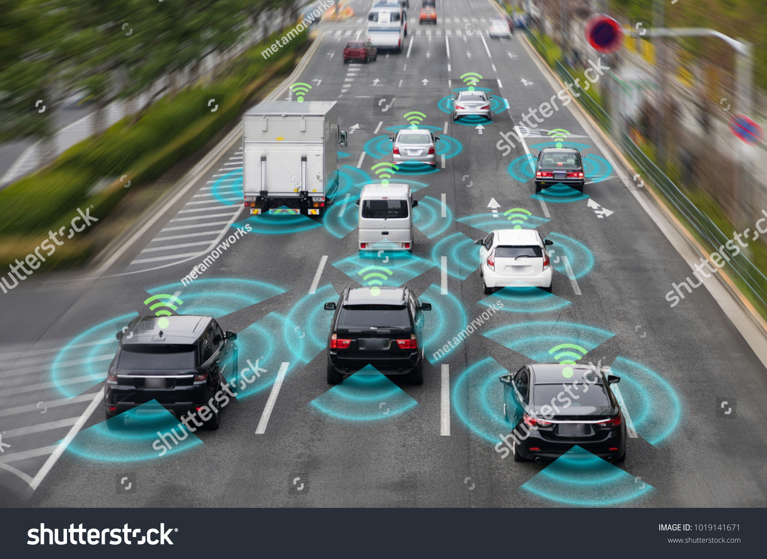 Sensing system and wireless communication network of vehicle. Autonomous car. Driverless car. Self driving vehicle. #1019141671