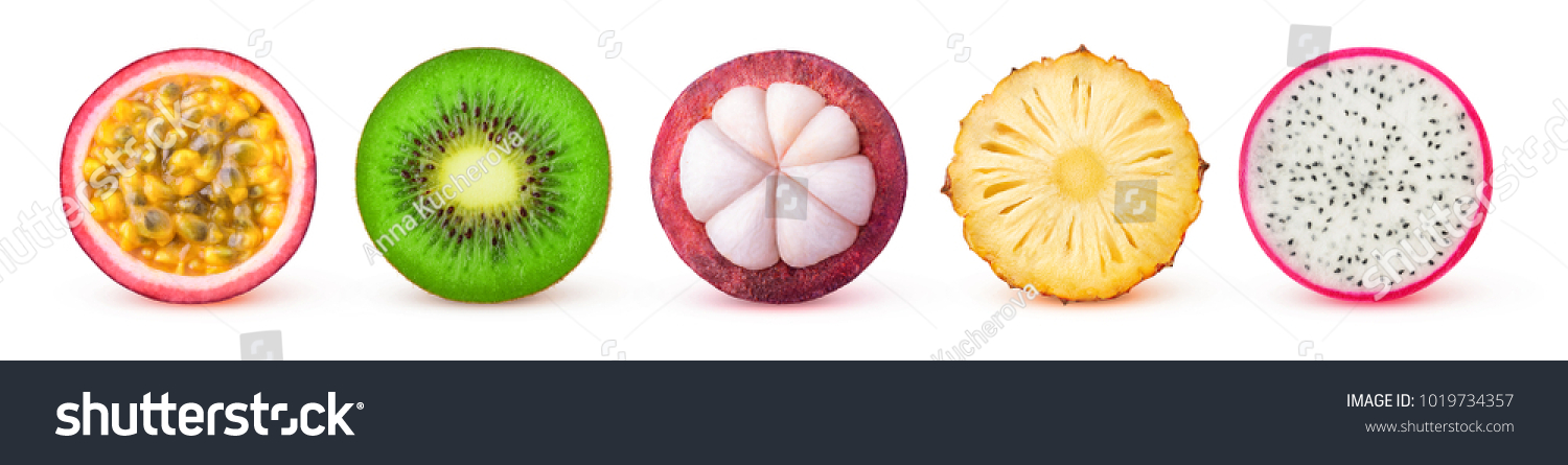 Isolated tropical fruits slices. Fresh exotic fruits cut in half (maracuya, kiwi, mangosteen, pineapple, dragonfruit) in a row isolated on white background with clipping path #1019734357