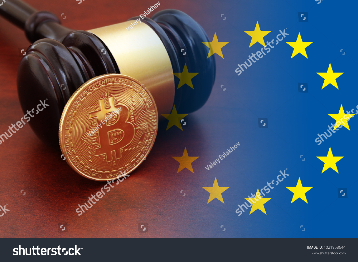 European union laws and crypto currency theme, bitcoin with gavel and eu flag #1021958644