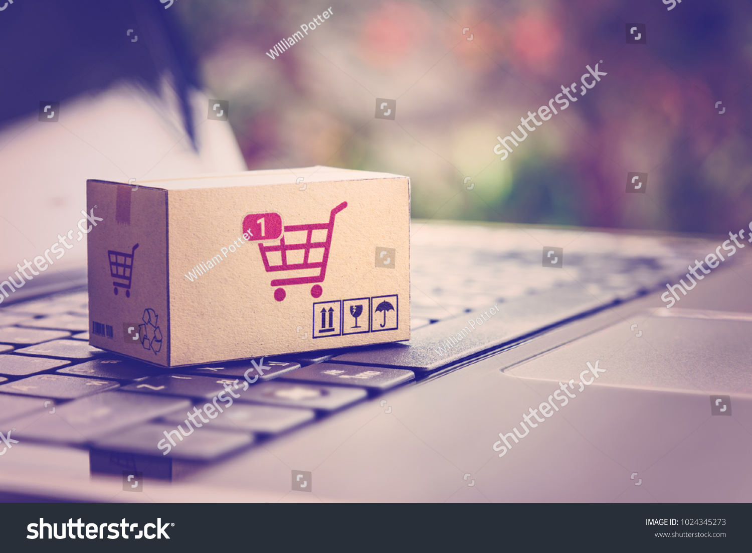 Online shopping / ecommerce and delivery service concept : Paper cartons with a shopping cart or trolley logo on a laptop keyboard, depicts customers order things from retailer sites via the internet. #1024345273