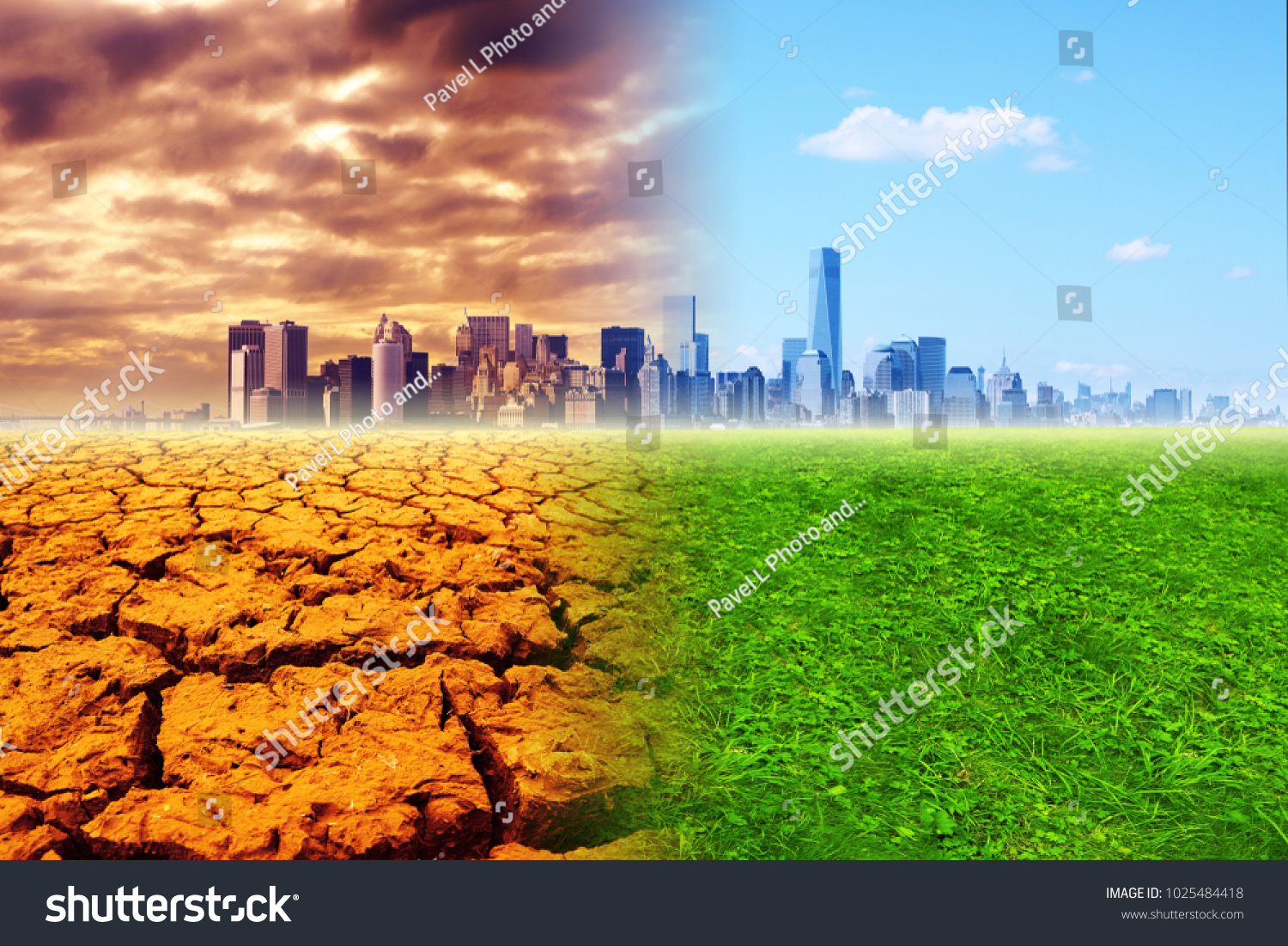 Global warming - the city, barren land and green meadow, collage #1025484418