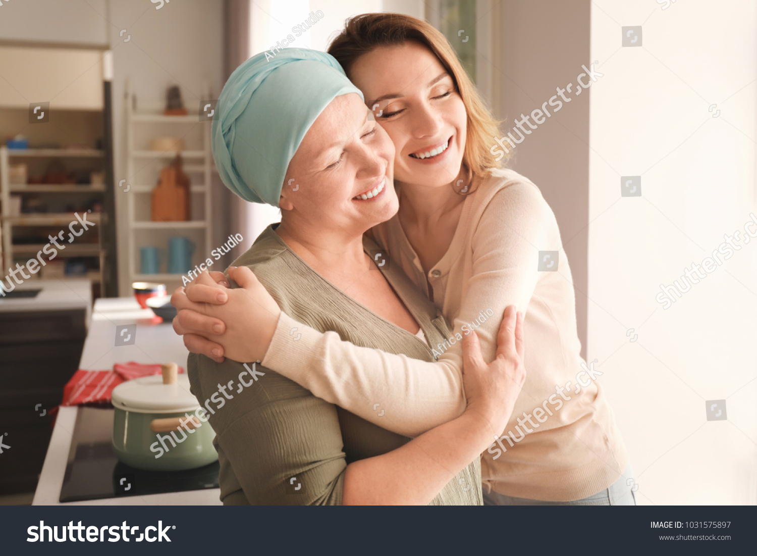 Young woman visiting her mother with cancer indoors #1031575897