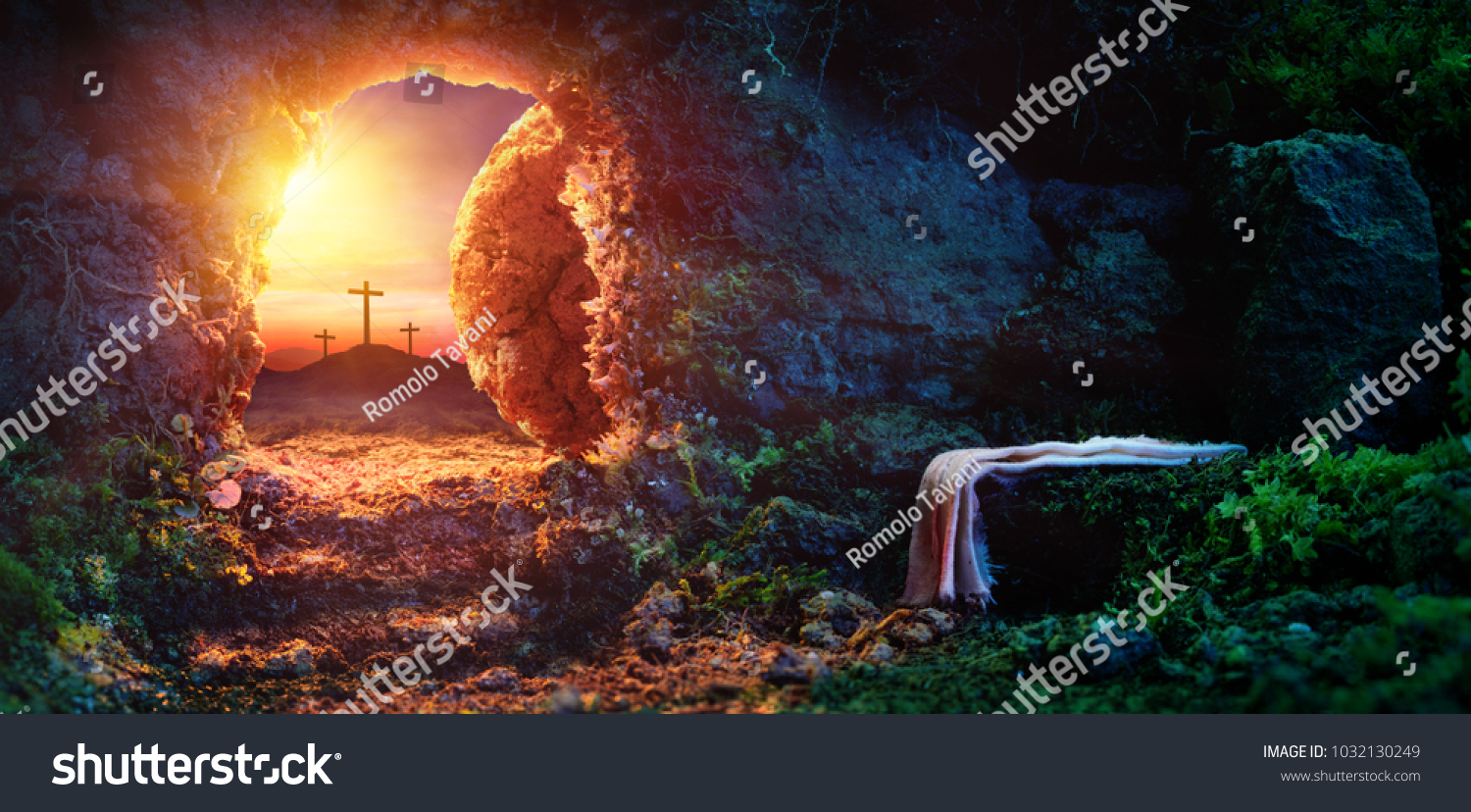 Crucifixion At Sunrise - Empty Tomb With Shroud - Resurrection Of Jesus Christ #1032130249