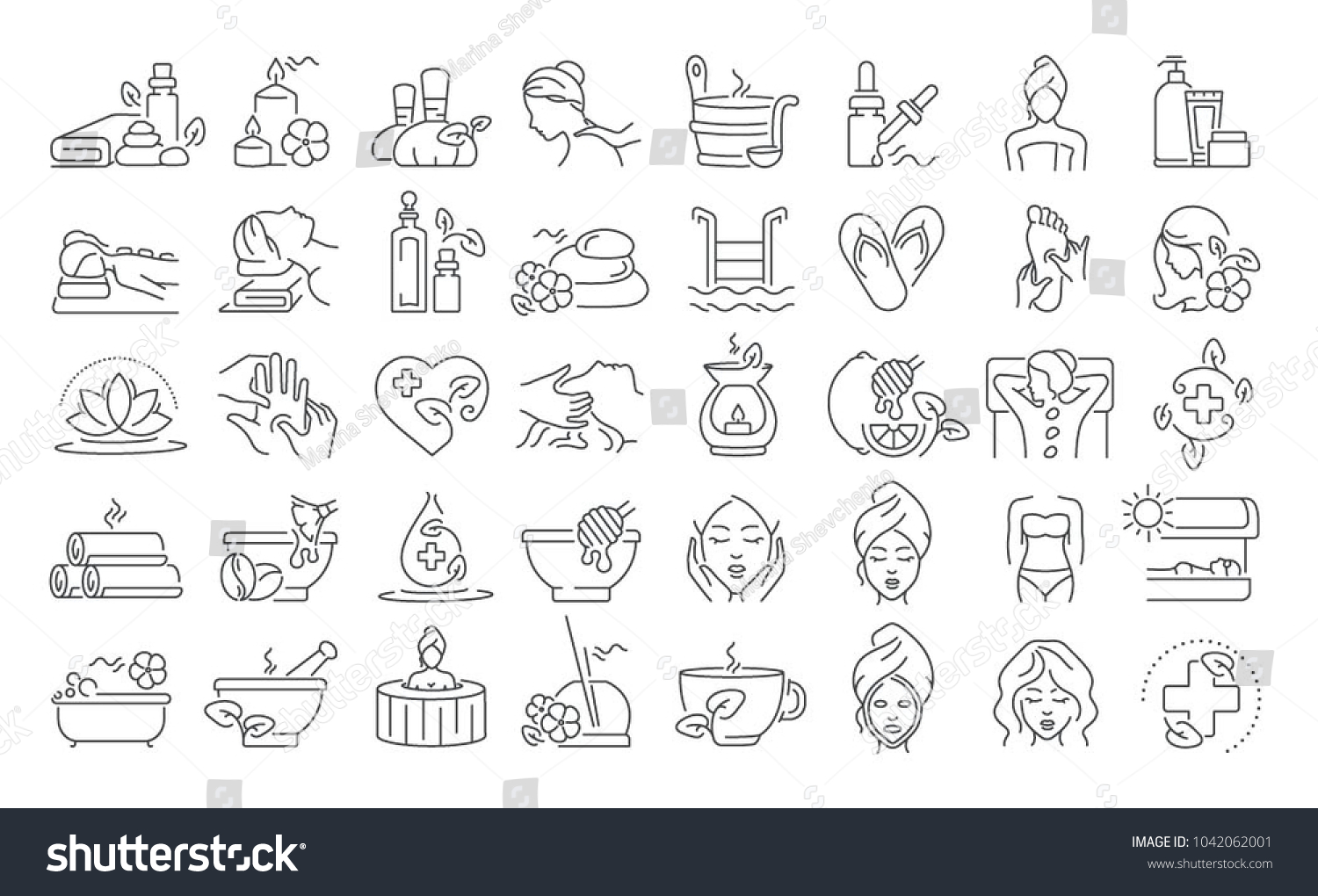 Vector graphic set. 40x40 pixels. Editable stroke size. Icons in flat, contour, outline, thin and linear design. Spa treatments. Simple isolated icons. Concept illustration. Sign, symbol, element. #1042062001