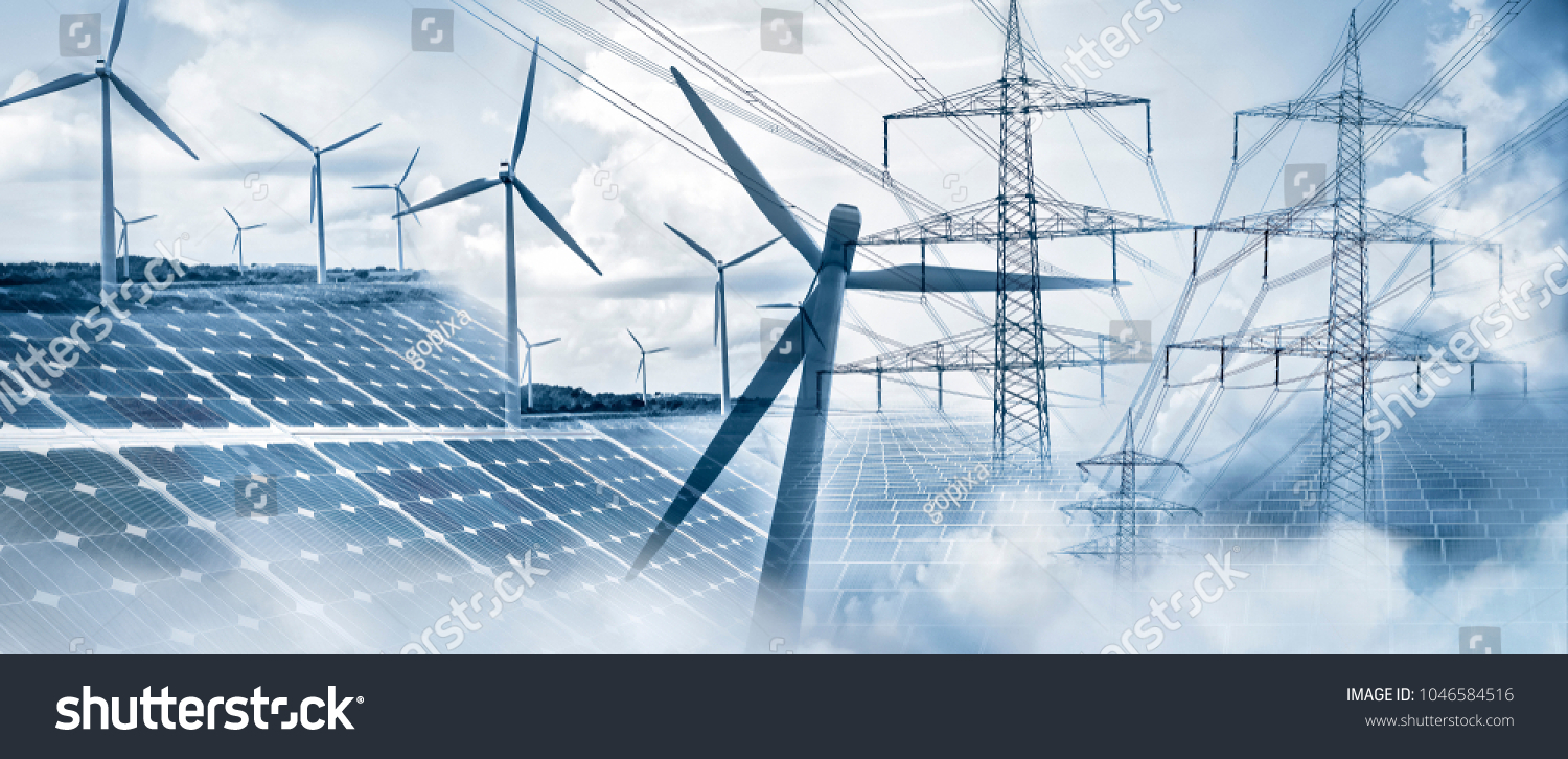 Composing with wind turbines, solar panels and electricity pylons #1046584516