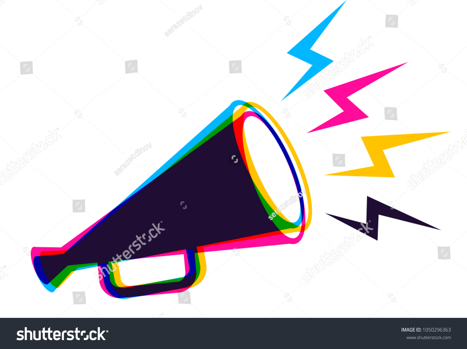 Vector vintage poster with retro megaphone in CMYK colors. Vector megaphone in CMYK style. #1050296363