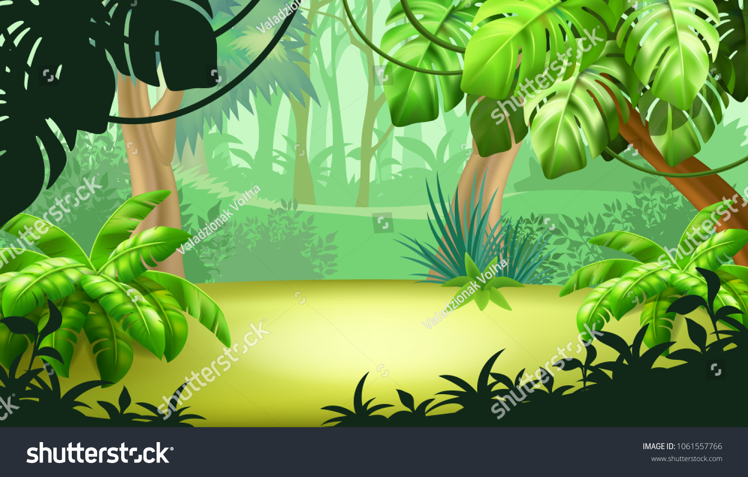 Game landscape with tropical jungle scene. Background vector illustration. #1061557766