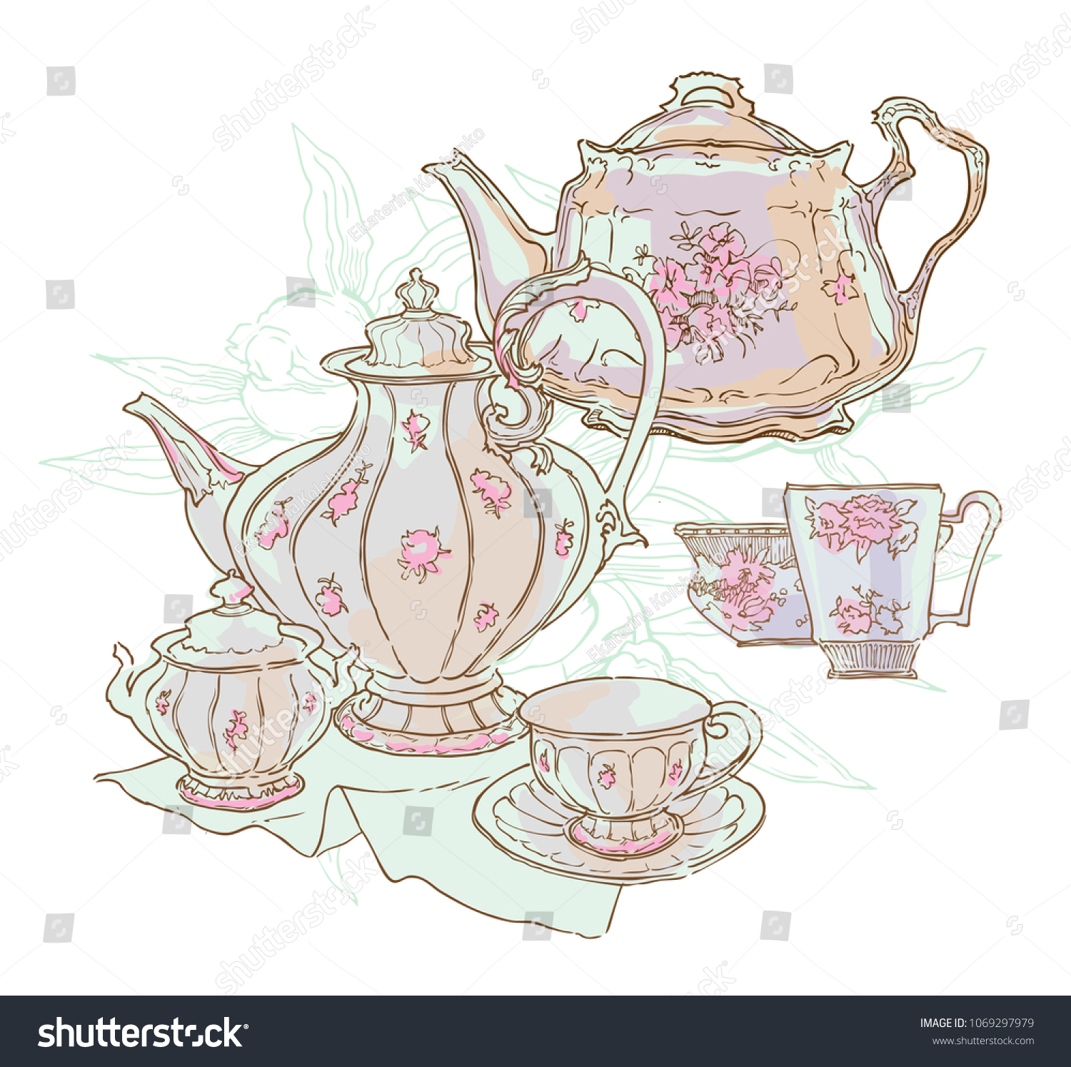 Vintage tea set service vector illustration. Teapot and cups drawing. Cosy table set. Floral illustration. #1069297979