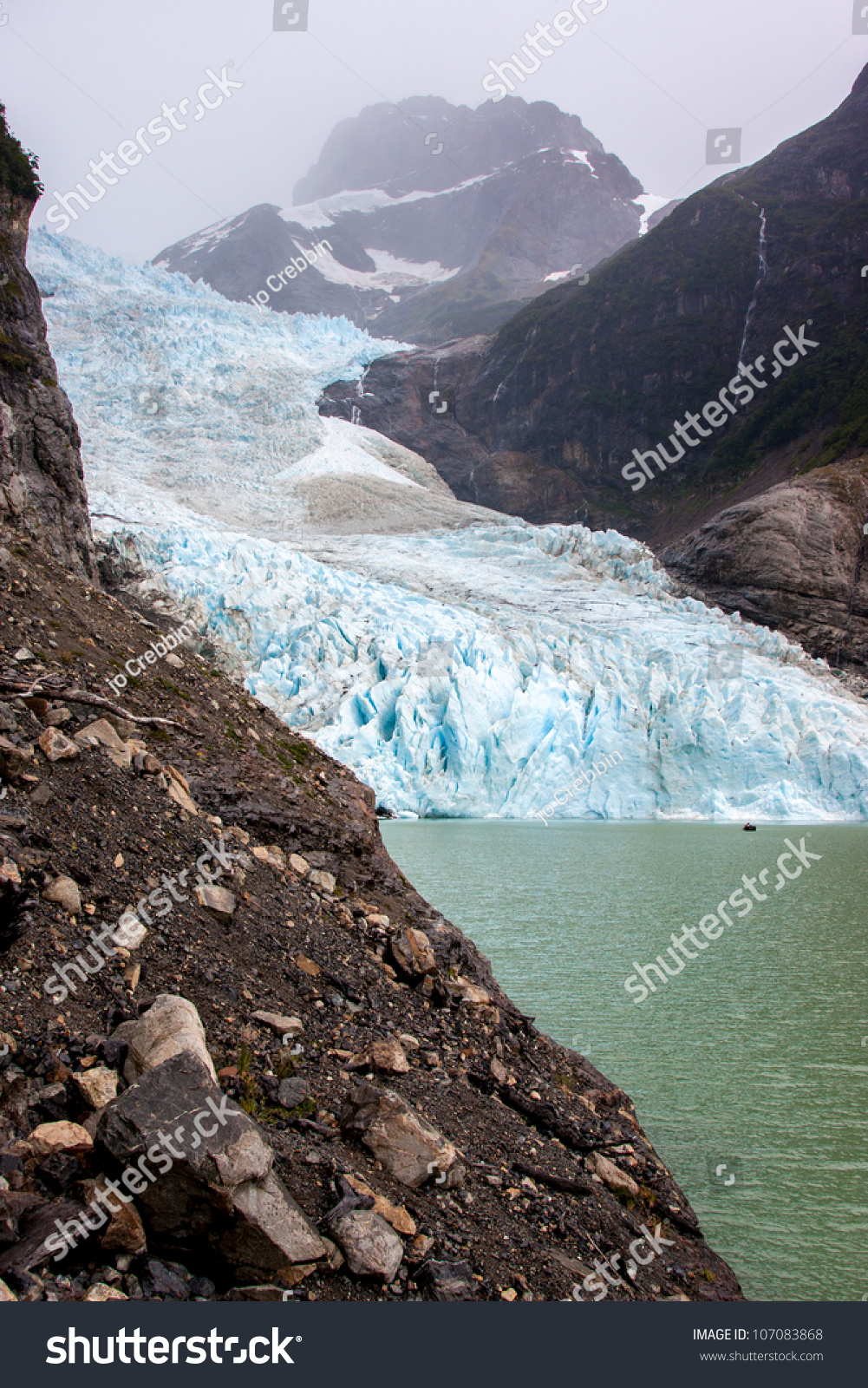 Sorreno glacier in Chile, South America, gets smaller due to evaporation every year. #107083868