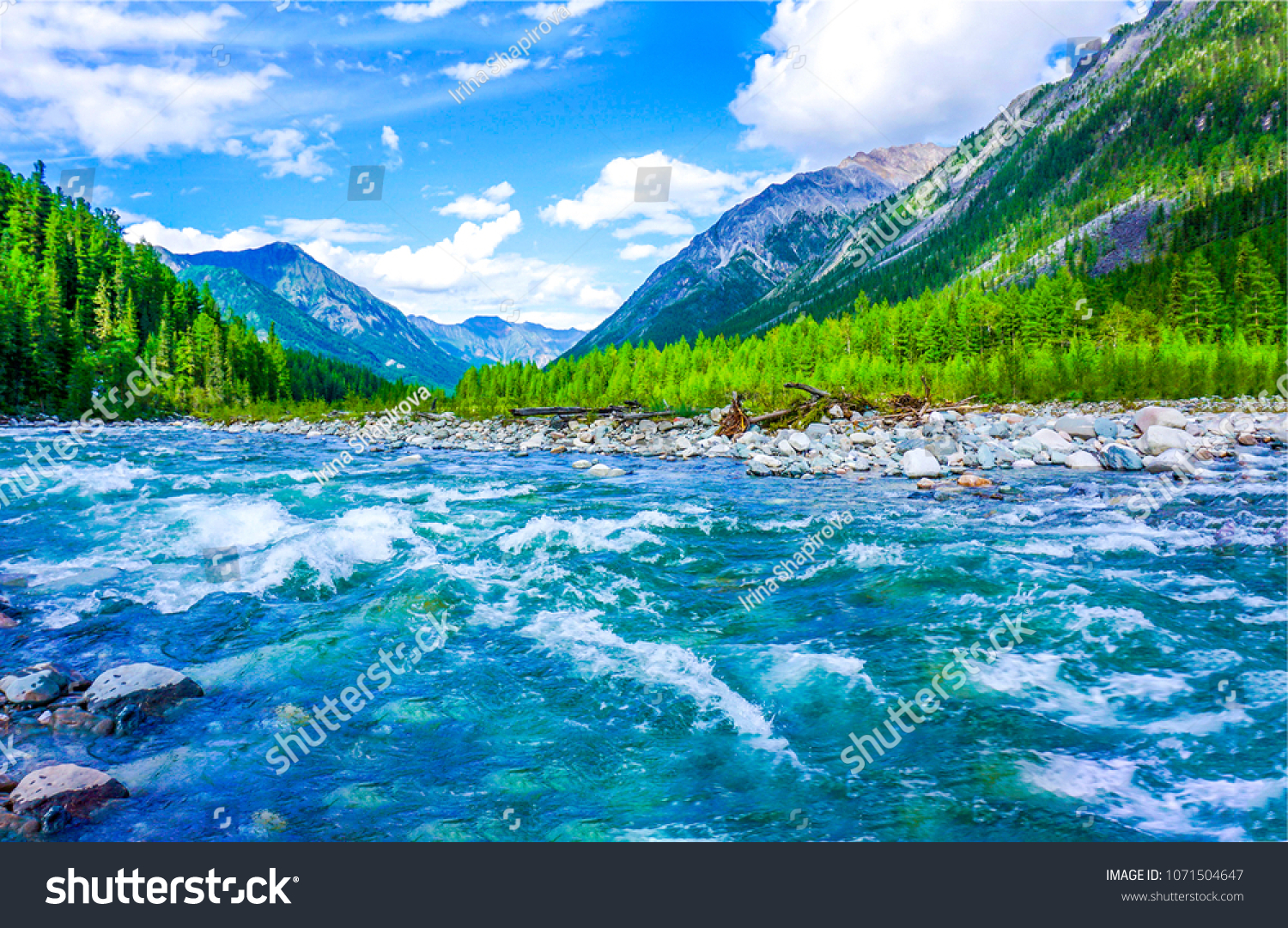 Mountain blue river stream water landscape in rocky nature #1071504647