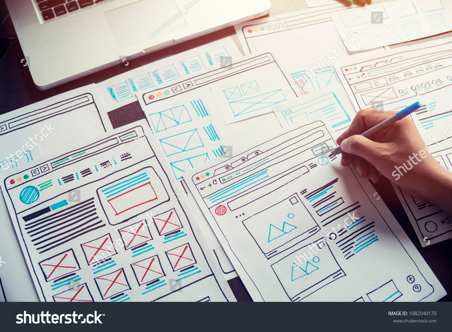 Website designer Creative planning application development  draft sketch drawing template layout framework wireframe design studio . User experience concept . #1082040170