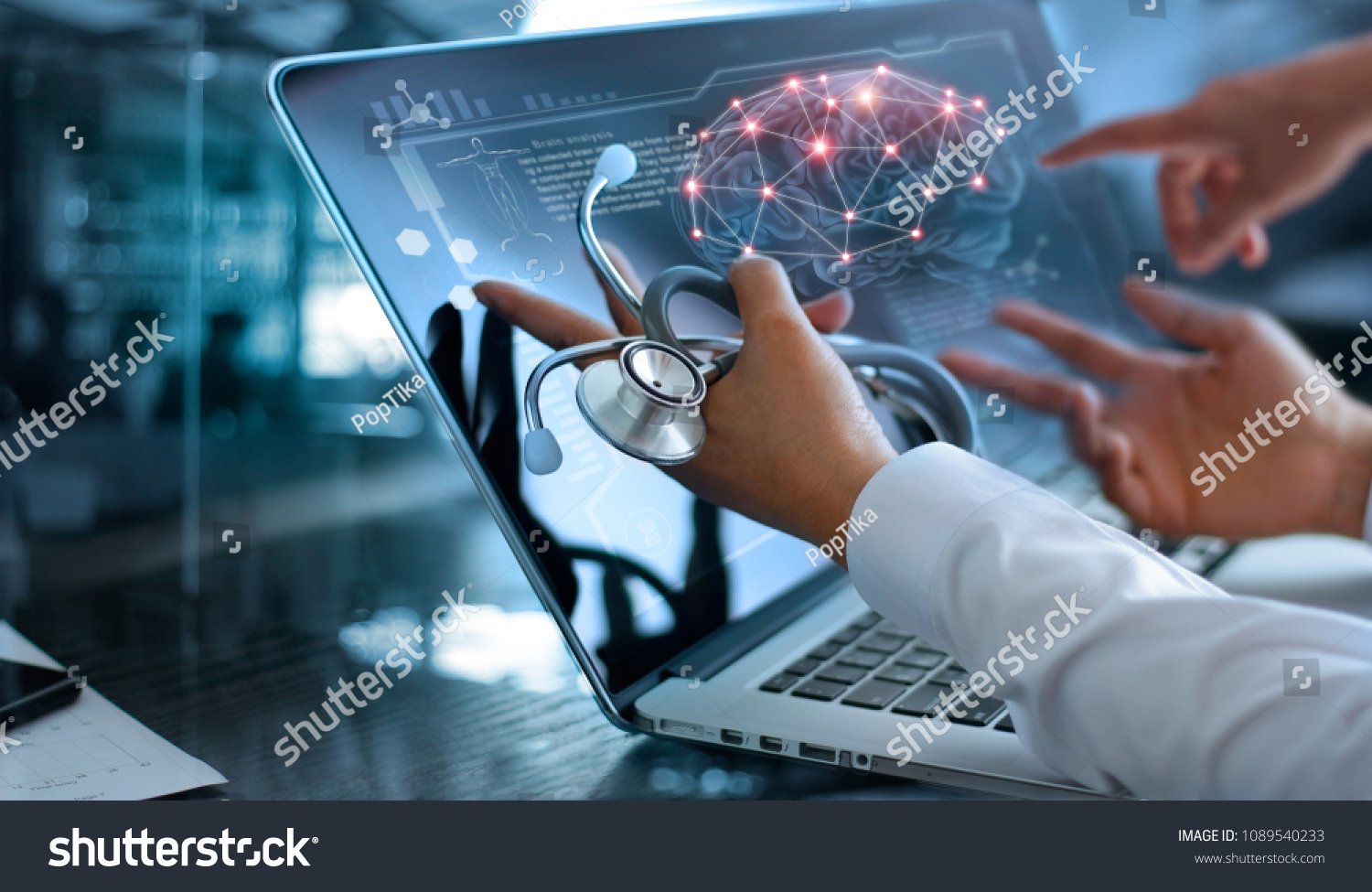 Medicine doctor team meeting and analysis. Diagnose checking brain testing result with modern virtual screen interface on laptop with stethoscope in hand, Medical technology network connection concept #1089540233
